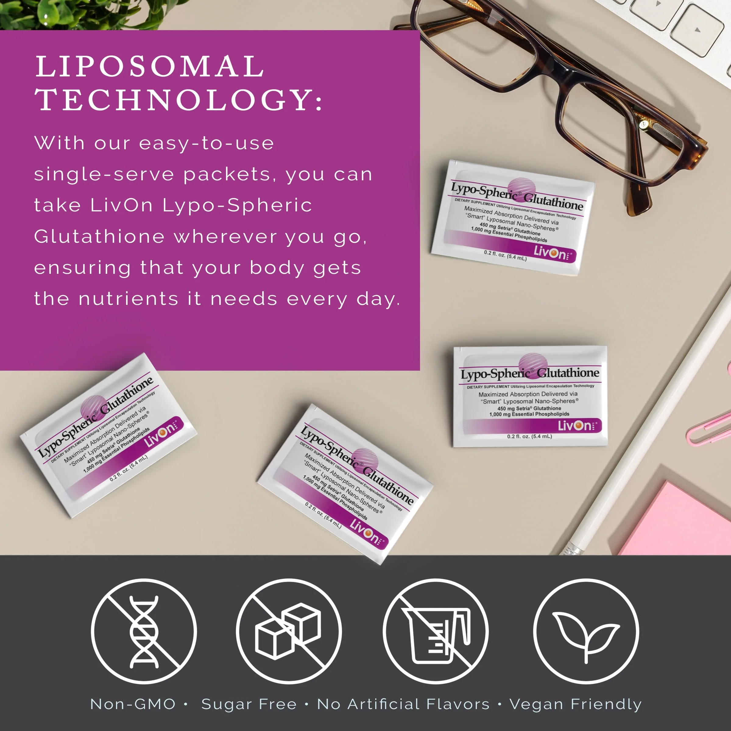 LivOn Lypo-Spheric Glutathione – 30 Packets, 450 mg Each, Liposome-Encapsulated, Non-GMO - Image 12