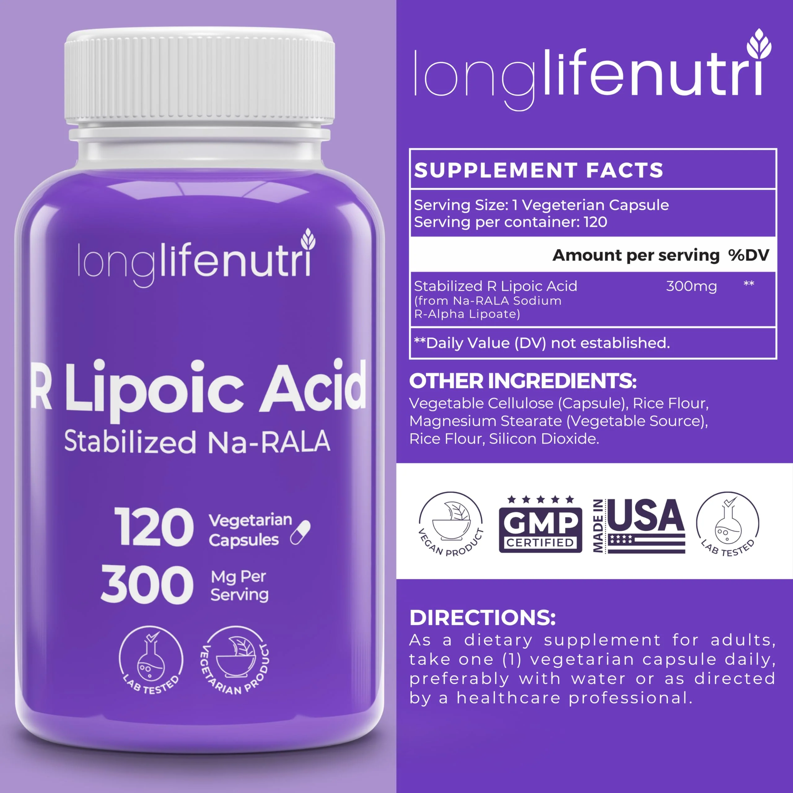 LongLifeNutri Stabilized R-Alpha Lipoic Acid 300mg – 120 Veg Capsules, 4-Month Supply, Made in USA - Image 3