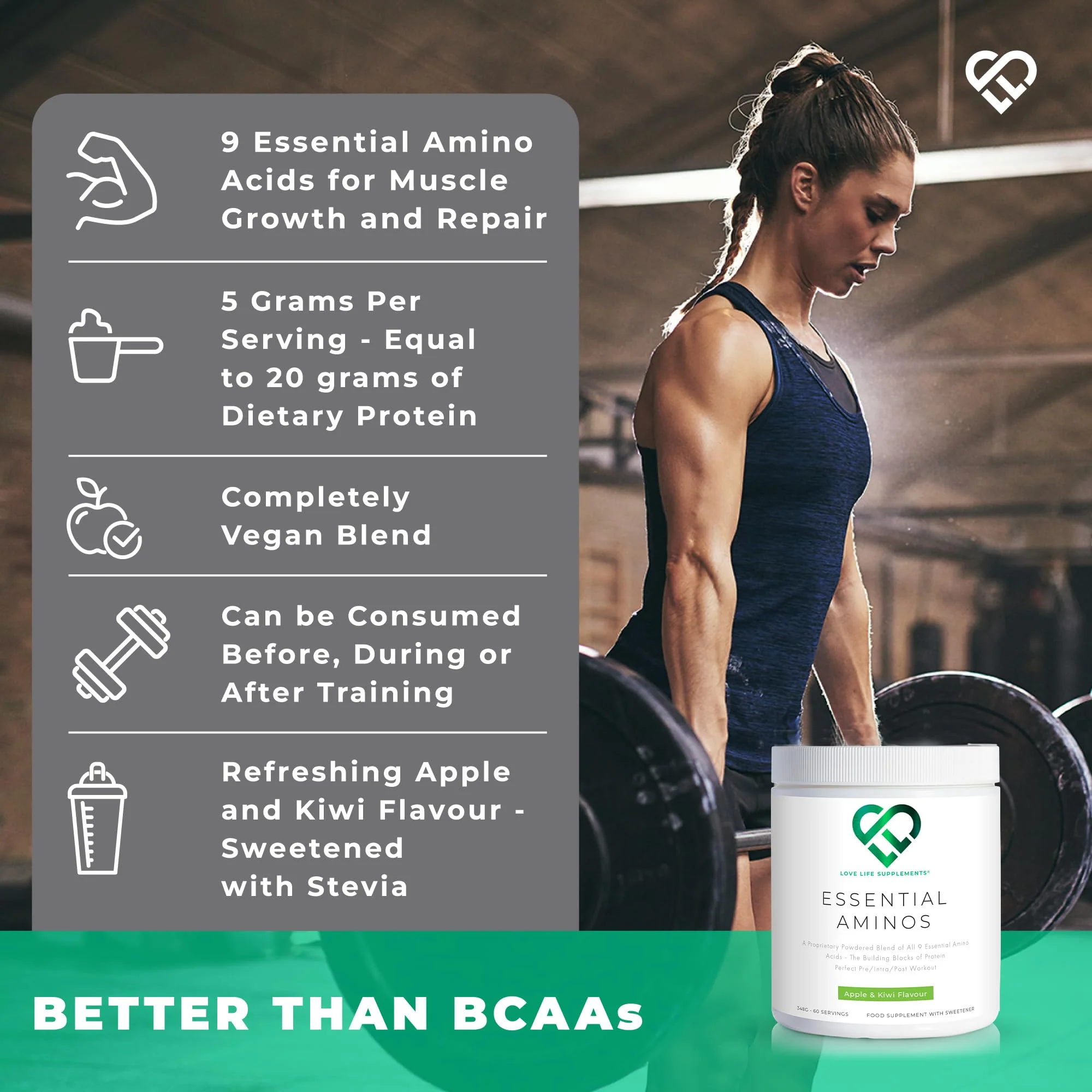 Love Life Supplements EAA Amino Acids Powder – 9 Essential Amino Acids, 60 Servings, Apple & Kiwi - Image 3