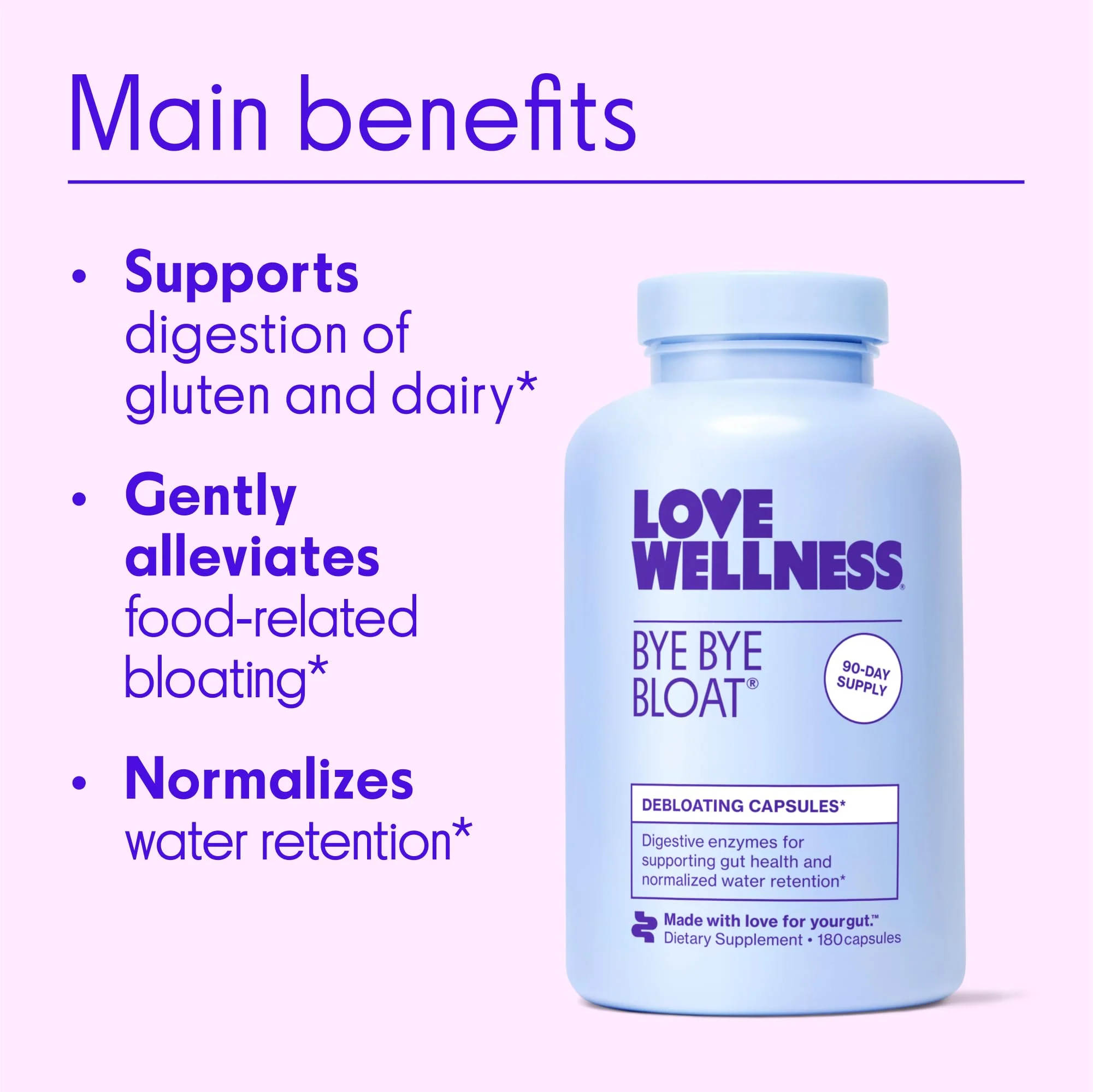 Love Wellness Bye Bye Bloat Digestive Enzymes | Bloating Relief for Women | 180 Count - Image 2