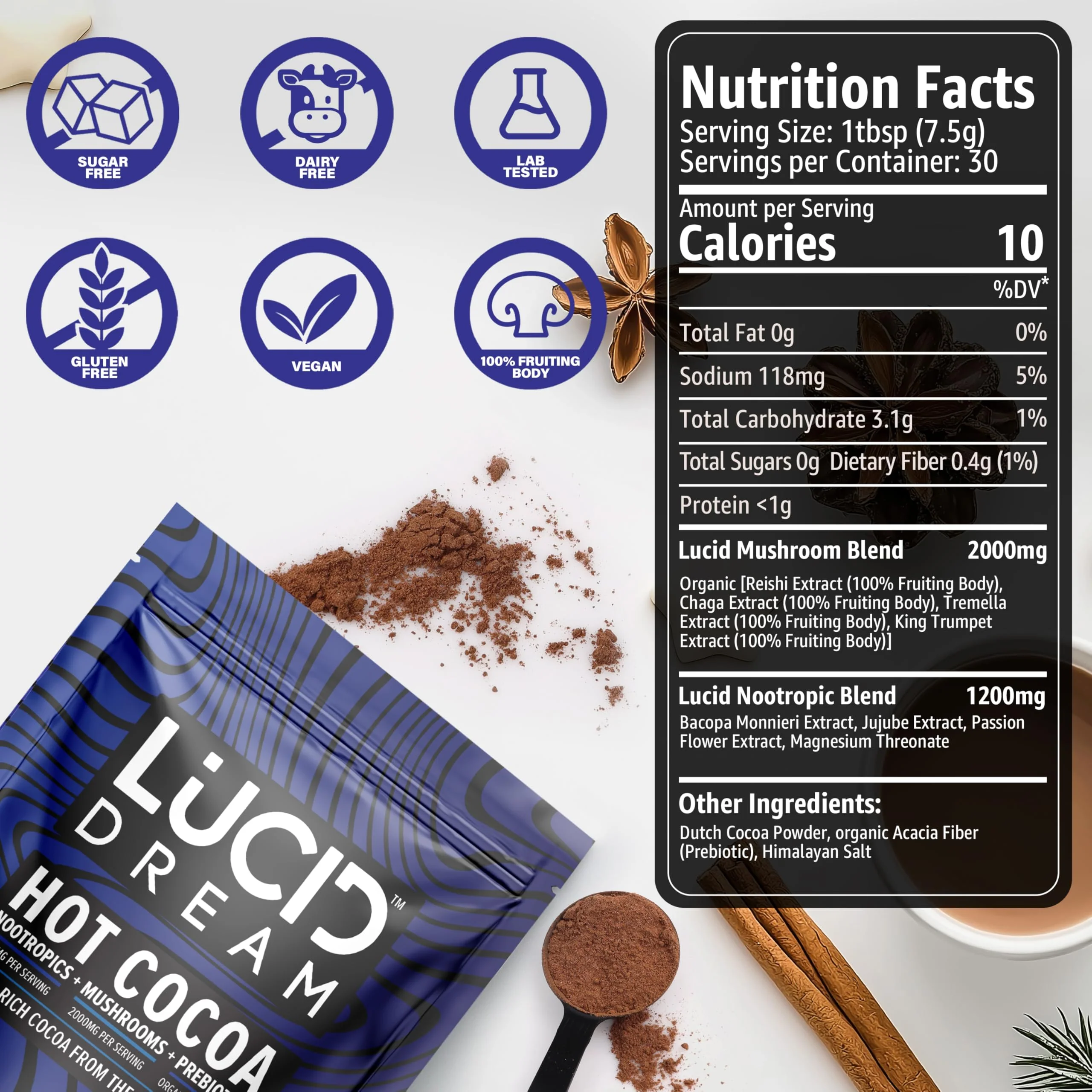 Lucid Dream Mushroom Hot Cocoa for Sleep – Nighttime Adaptogen Blend with Melatonin | 7.94 oz Chocolate - Image 15