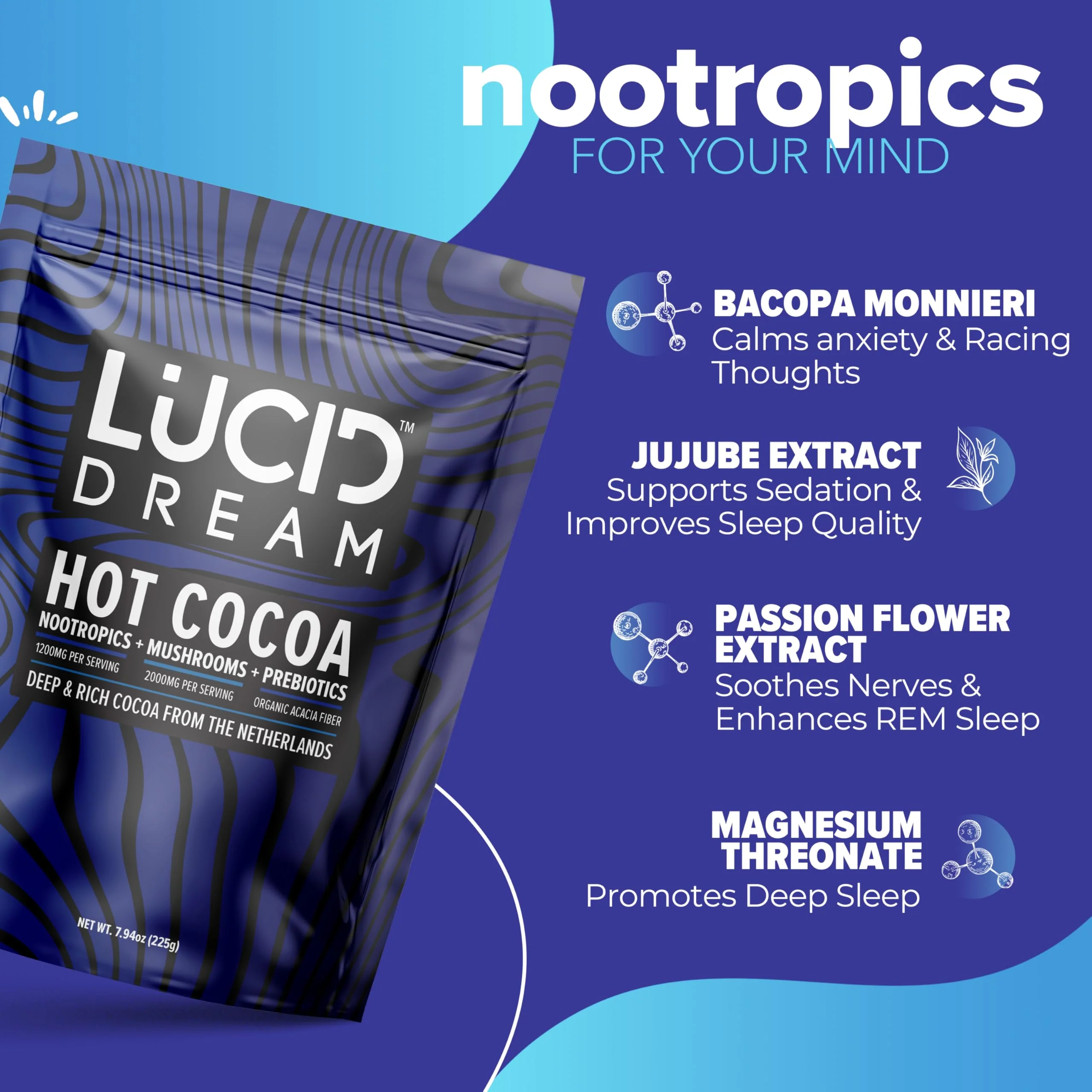 Lucid Dream Mushroom Hot Cocoa for Sleep – Nighttime Adaptogen Blend with Melatonin | 7.94 oz Chocolate - Image 3