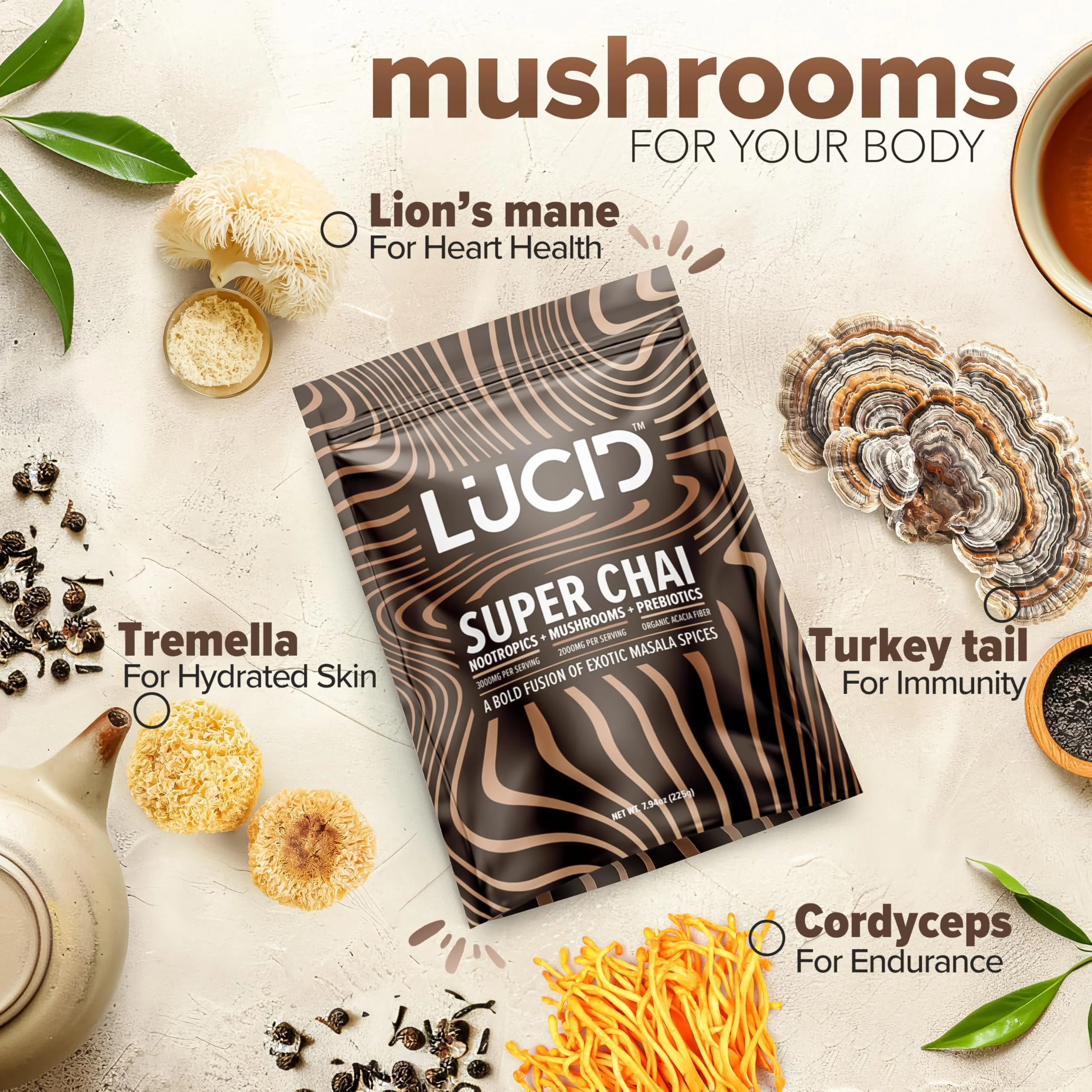 Lucid Superfood Organic Mushroom Chai with Nootropics – Lion’s Mane, Cordyceps & Tremella – Instant Focus Chai – USA Made - Image 3