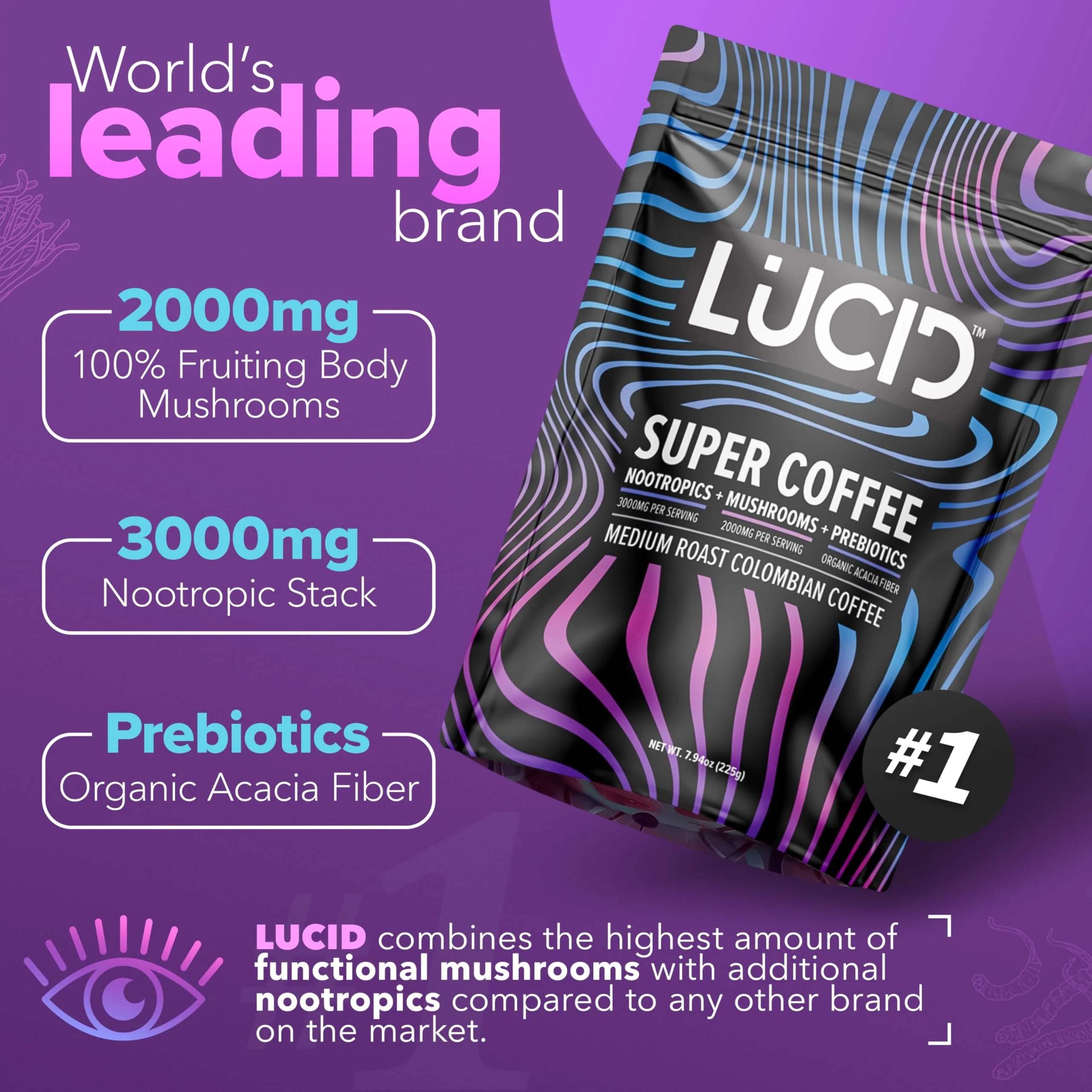 Lucid Superfood Organic Mushroom Coffee with Nootropics – Lion's Mane, Cordyceps & Tremella – Instant Focus Coffee – USA Made - Image 2