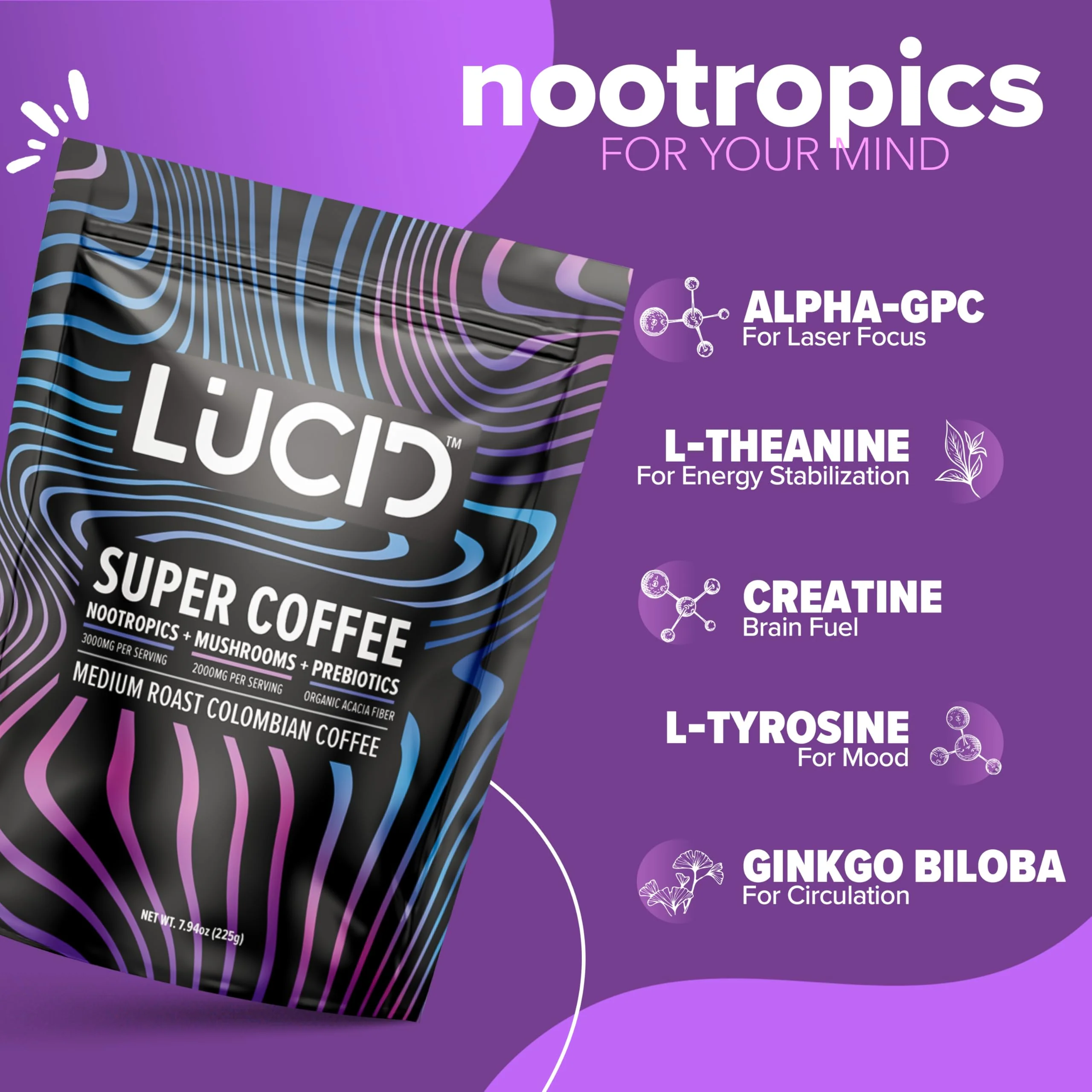 Lucid Superfood Organic Mushroom Coffee with Nootropics – Lion's Mane, Cordyceps & Tremella – Instant Focus Coffee – USA Made - Image 4