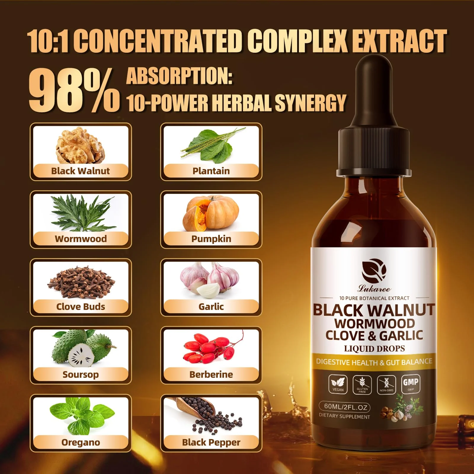 Lukaree Wormwood Black Walnut Clove Tincture – 10:1 Liposomal Digestive Detox (98% Absorption) - Image 2