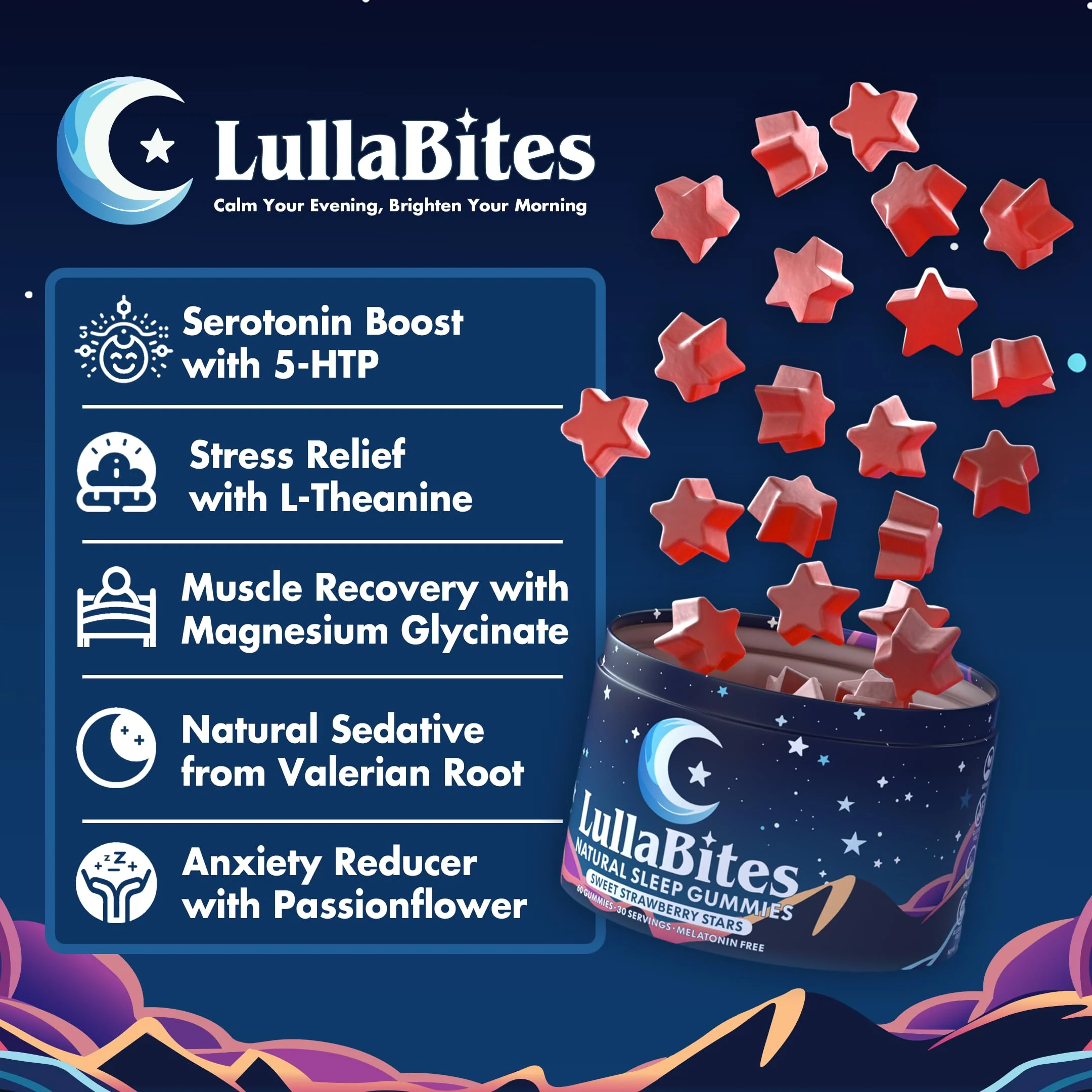 LullaBites Natural Sleep Gummies – Melatonin Free, 5-HTP & L-Theanine, Vegan & Halal – Strawberry, 60 Gummies - Image 3