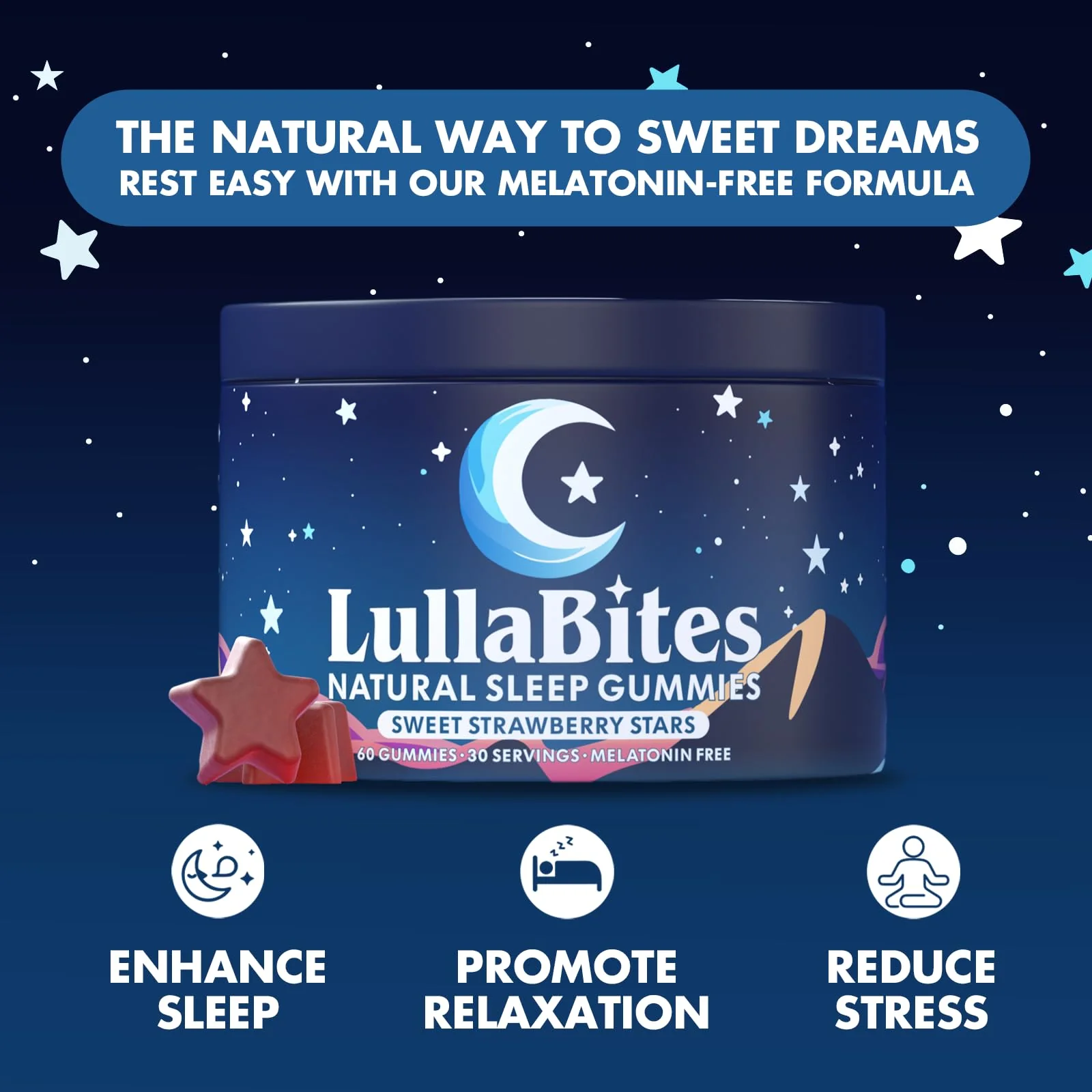 LullaBites Natural Sleep Gummies – Melatonin Free, 5-HTP & L-Theanine, Vegan & Halal – Strawberry, 60 Gummies - Image 7