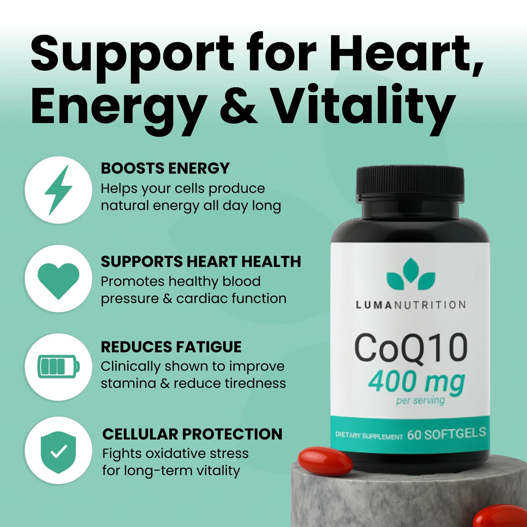 Luma Nutrition CoQ10 400mg Softgels – High-Absorption CoQ10 for Heart Health (60 Count) - Image 2