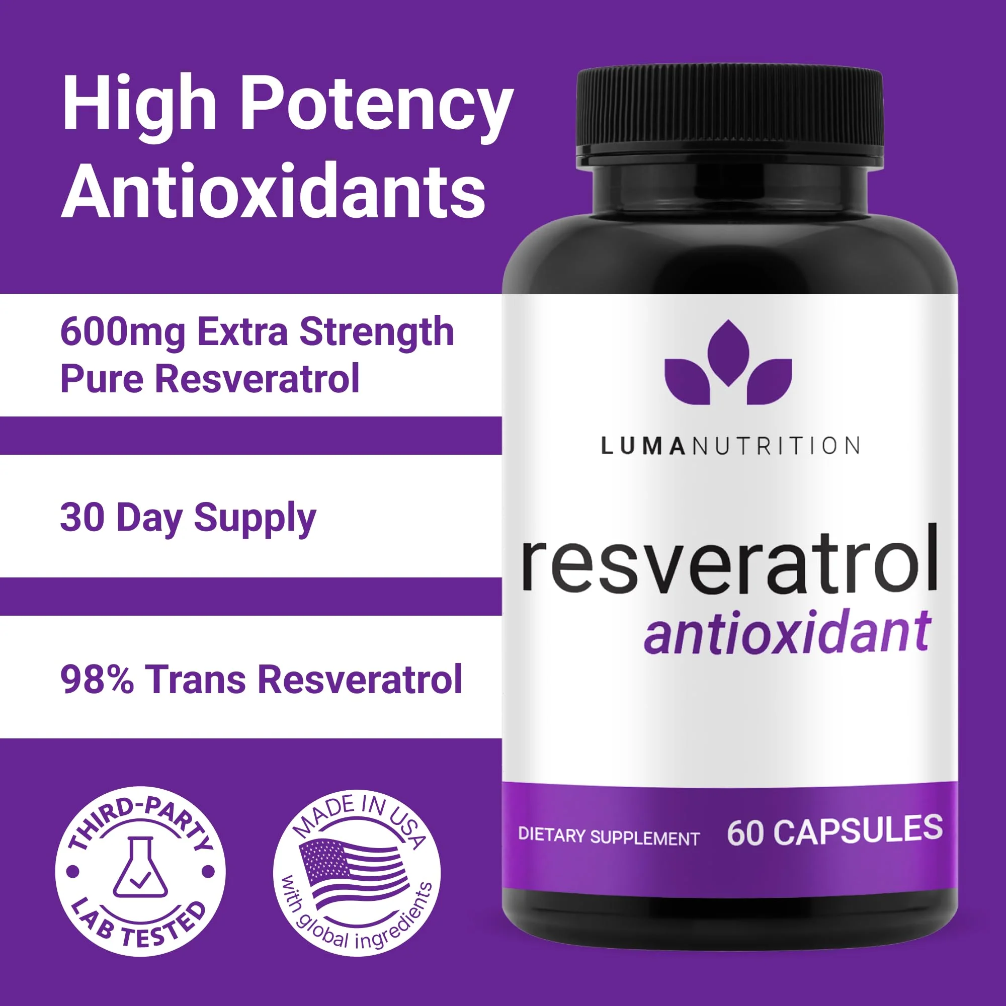 Luma Nutrition Resveratrol 98% Trans-Resveratrol – 600mg, 60 Caps, Vegan & Gluten-Free - Image 2