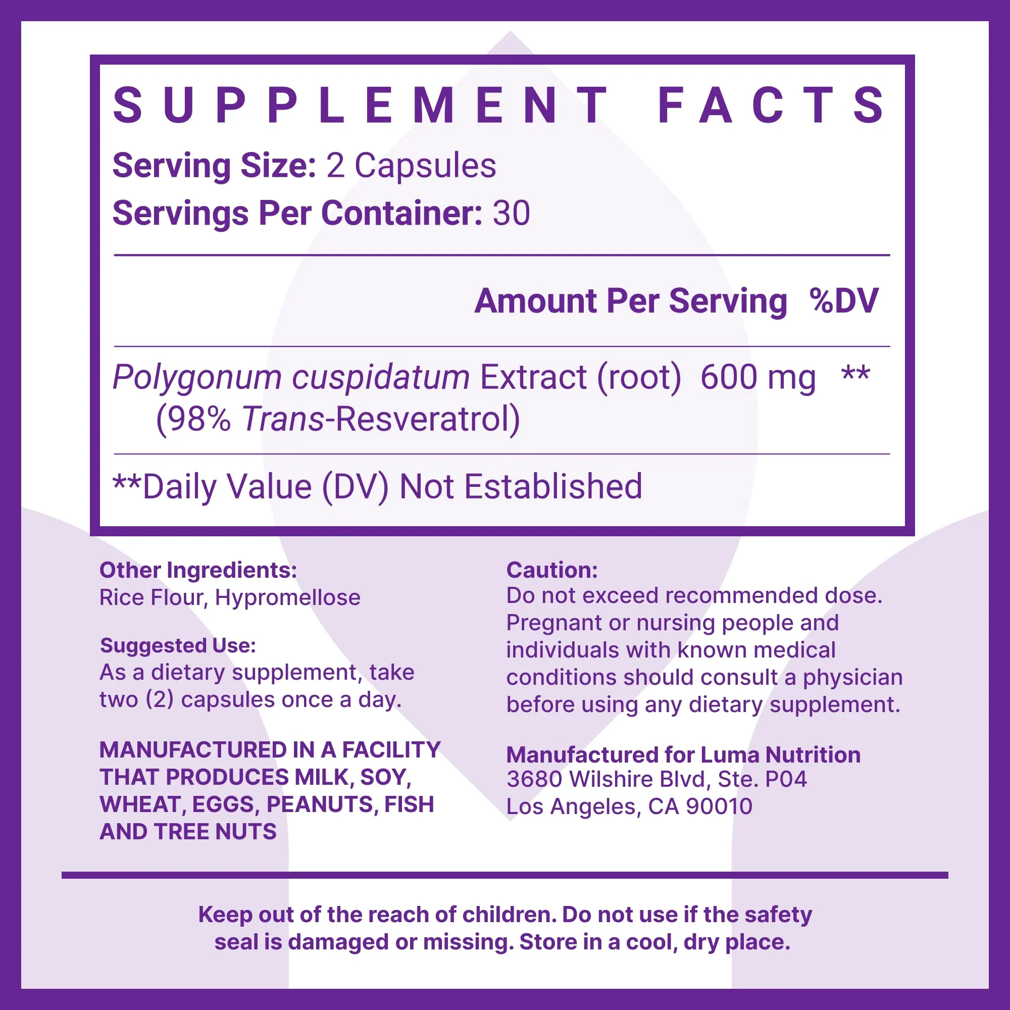 Luma Nutrition Resveratrol 98% Trans-Resveratrol – 600mg, 60 Caps, Vegan & Gluten-Free - Image 6