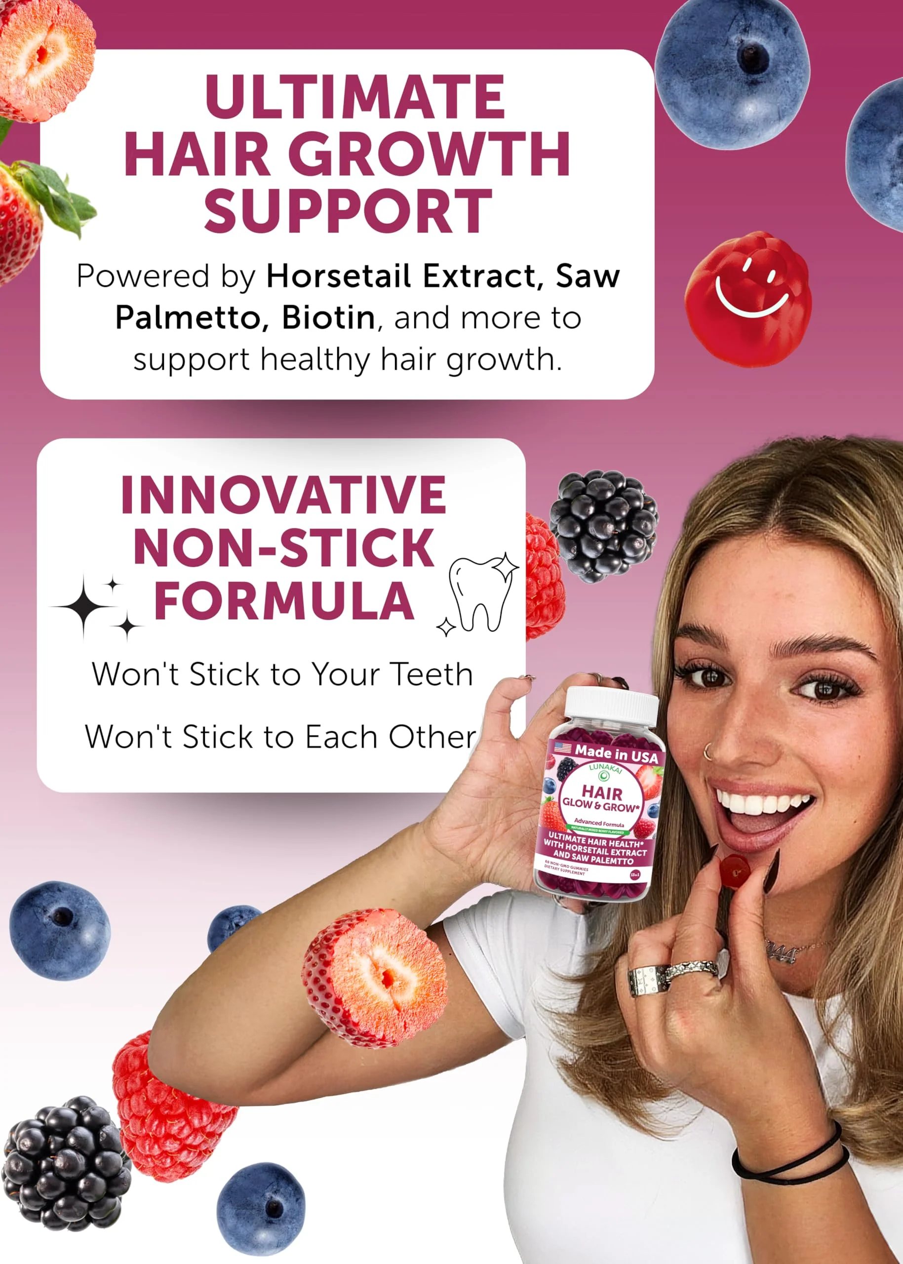Lunakai USA Made Hair Gummies – Biotin, Zinc & Horsetail | Hair Growth Vitamins 60ct - Image 3
