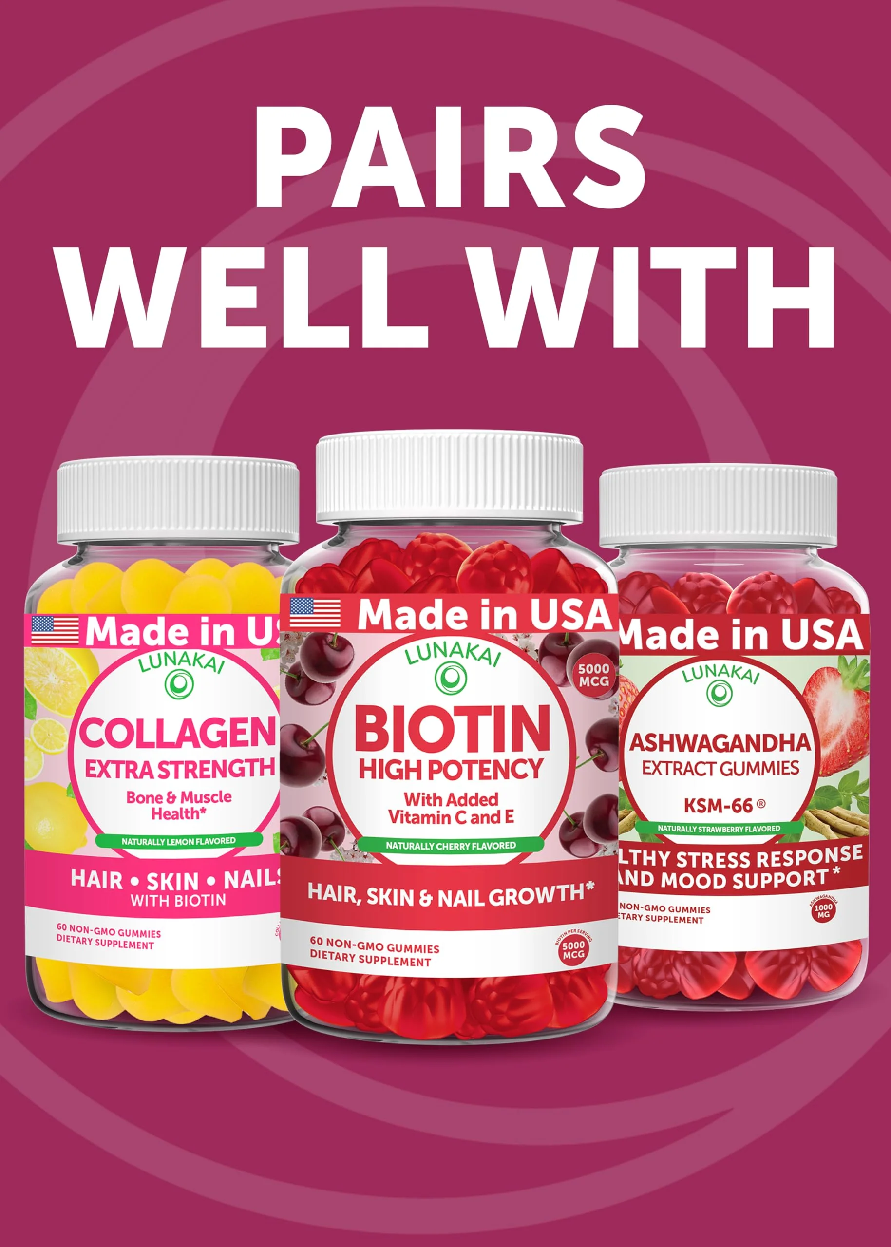 Lunakai USA Made Hair Gummies – Biotin, Zinc & Horsetail | Hair Growth Vitamins 60ct - Image 8