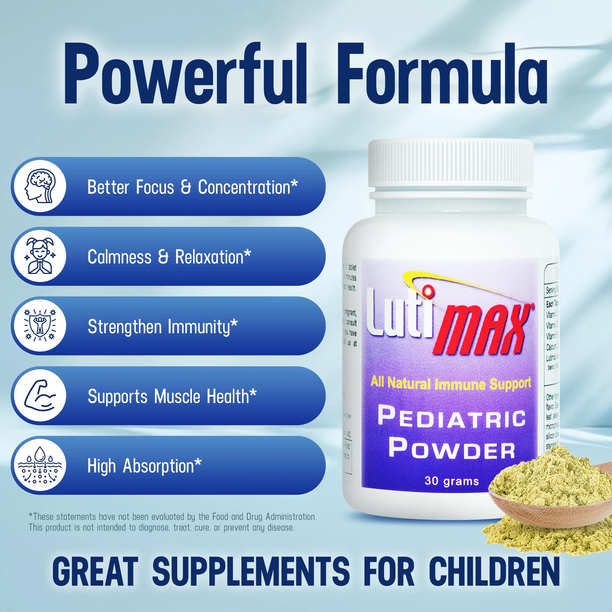 Lutimax Pediatric Powder โ Luteolin & Rutin Brain Supplement for Kids | Memory, Focus, Immune & Muscle Support | 200 Servings - Image 3