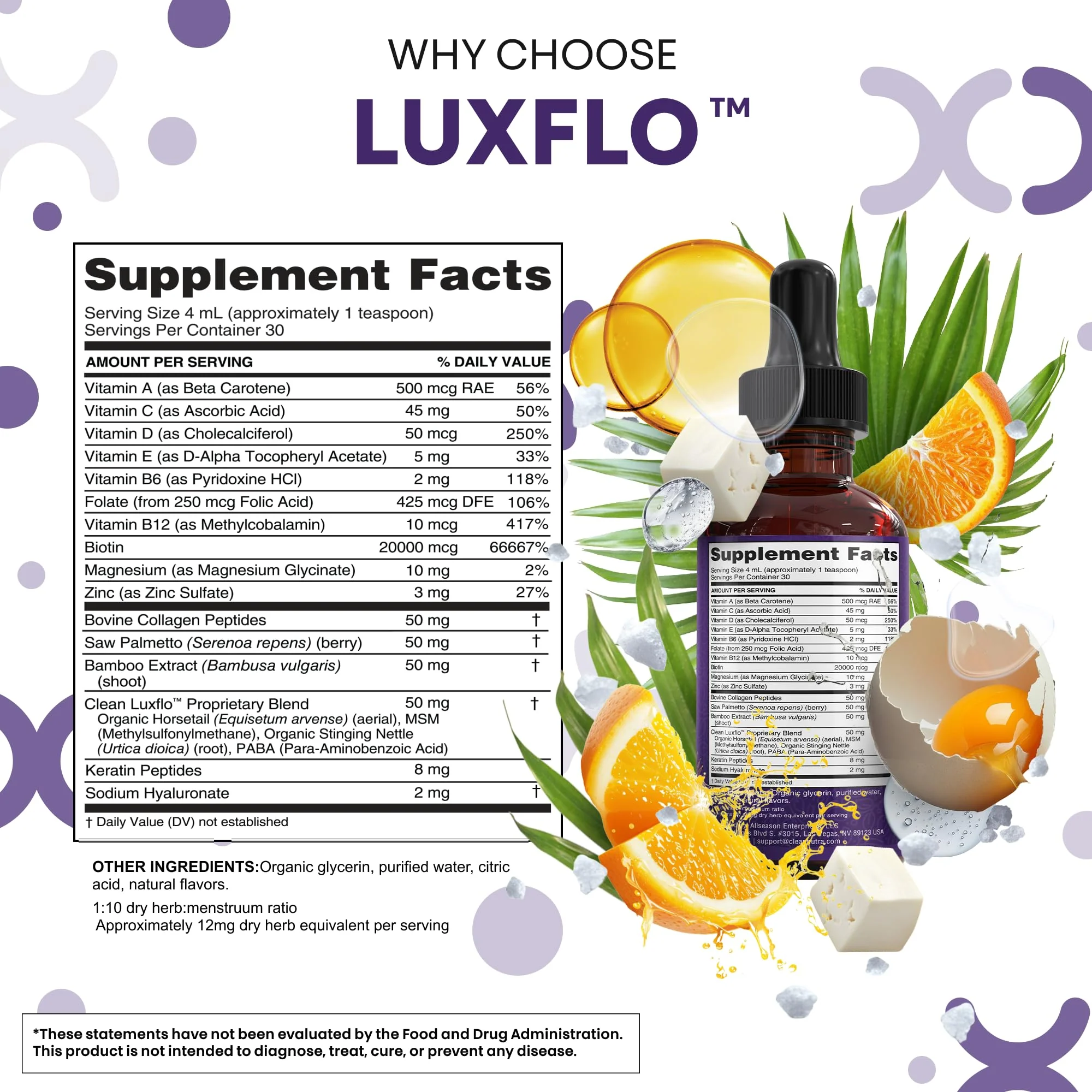 LuxGlo by Clean Nutra – Biotin Liquid Drops for Hair, Skin & Nails (Collagen, Keratin, Hyaluronic Acid) – 2 Pack - Image 4