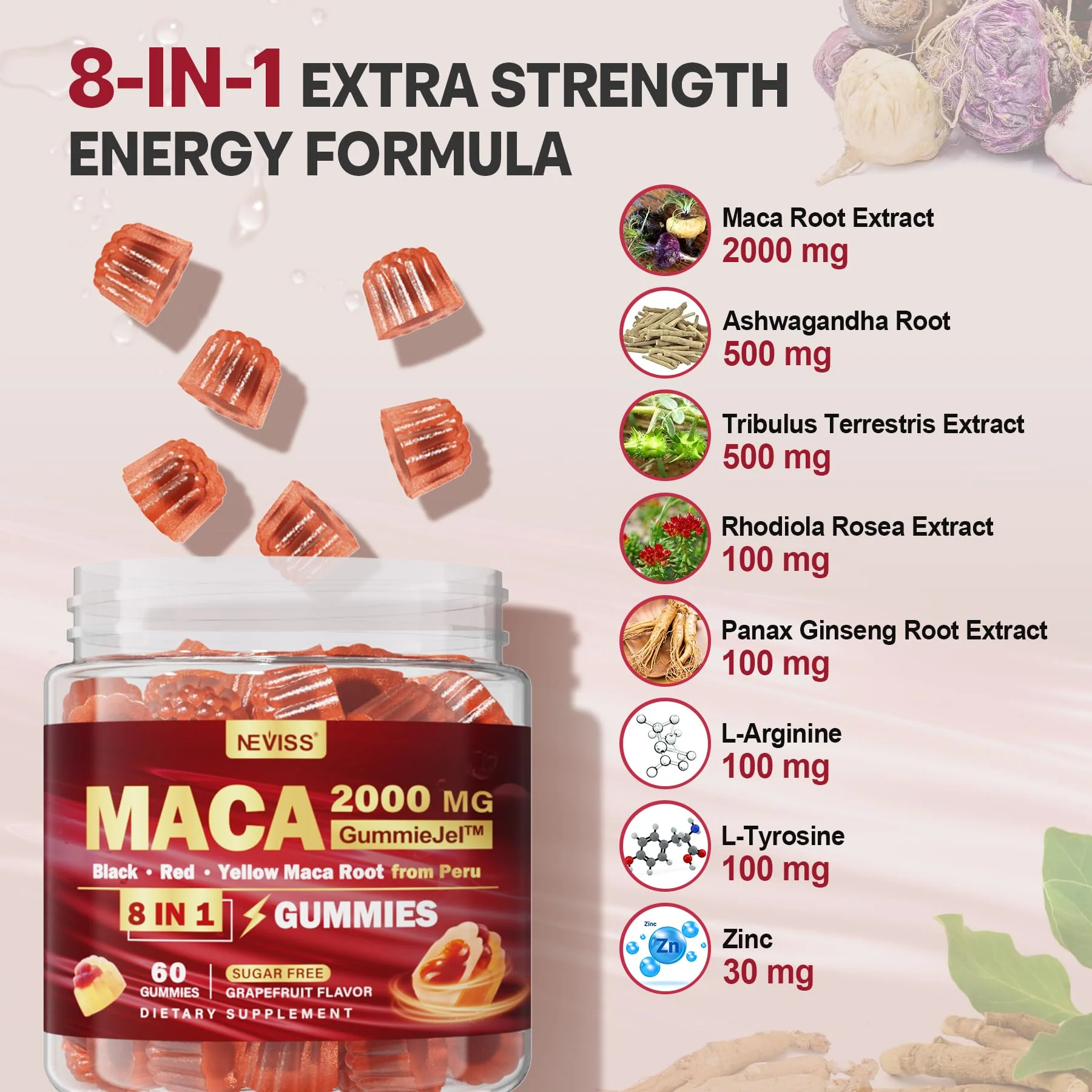 Maca Root Filled Gummies 2000mg for Women & Men – Sugar Free, Ashwagandha & Zinc | Grapefruit Flavor (60 Count) - Image 3