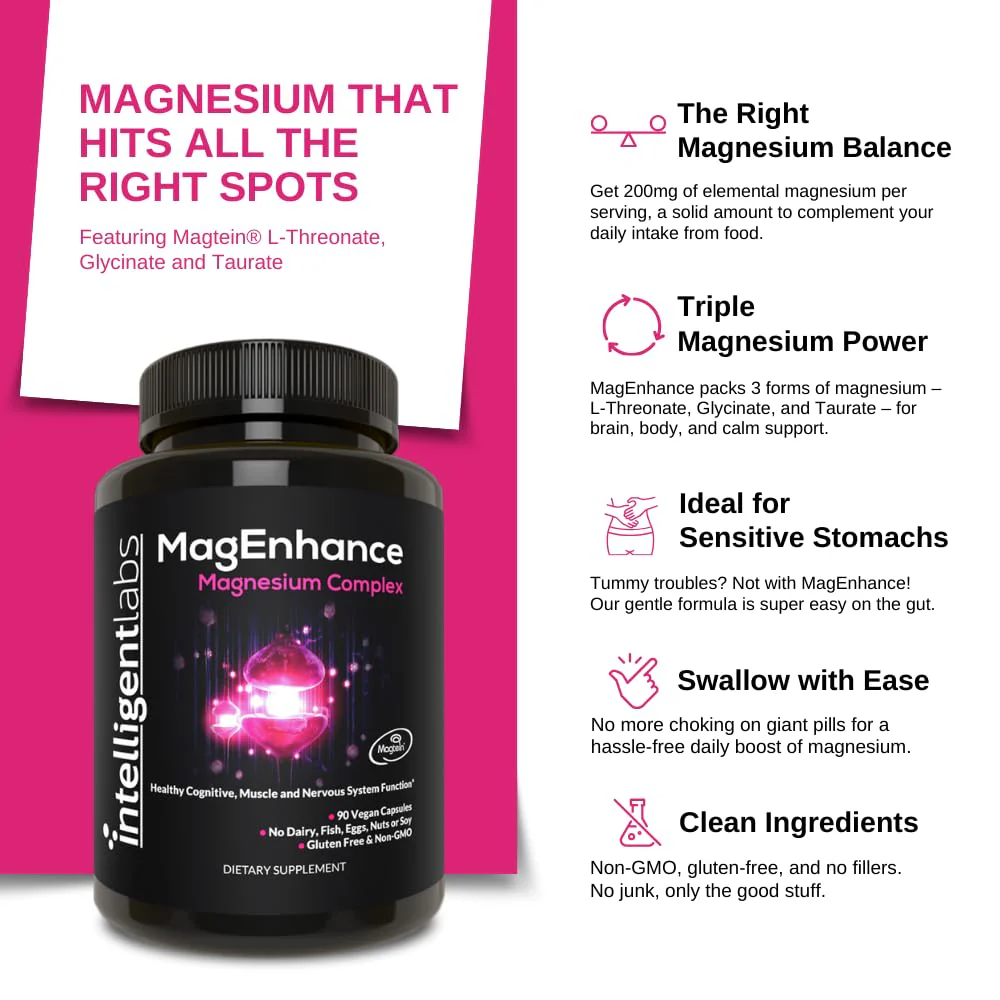 MagEnhance Magtein Magnesium Complex – Magnesium L-Threonate with Glycinate & Taurate (90 capsules) - Image 3