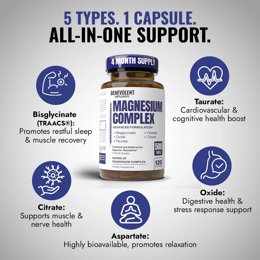 Magnesium Complex Supplement – 4 Month Supply (120 Capsules, 500mg) 5-in-1 Max Absorption for Calm, Sleep & Leg Cramps - Image 3