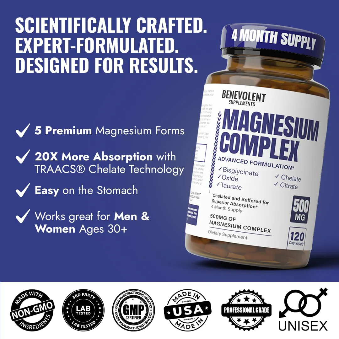 Magnesium Complex Supplement – 4 Month Supply (120 Capsules, 500mg) 5-in-1 Max Absorption for Calm, Sleep & Leg Cramps - Image 4