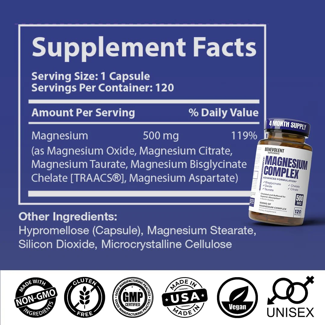 Magnesium Complex Supplement – 4 Month Supply (120 Capsules, 500mg) 5-in-1 Max Absorption for Calm, Sleep & Leg Cramps - Image 6