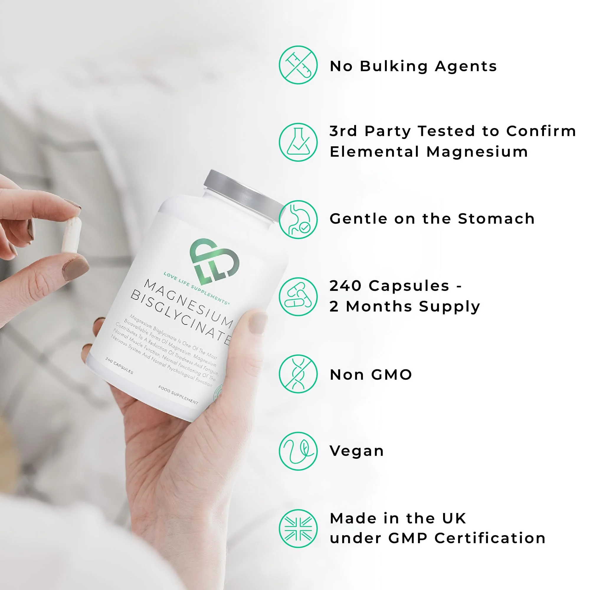 Magnesium Glycinate (Bisglycinate) | Chelated Magnesium Supplement | 303mg Mg per Capsule | 240 Capsules | UK Made - Image 3