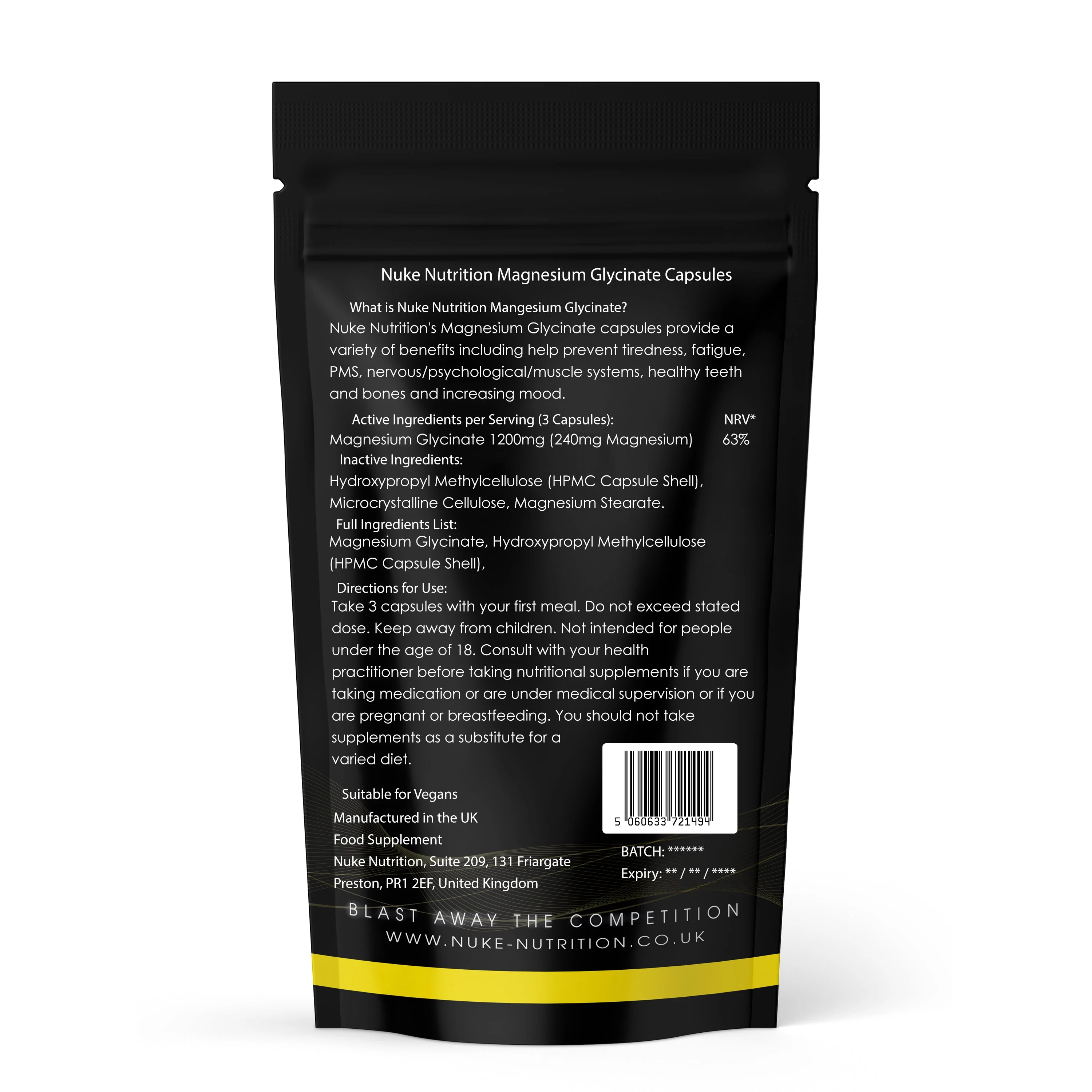 Magnesium Glycinate Capsules 1200mg Serving - Fibromyalgia,Tiredness, Fatigue, PMS, Healthy Bones - Image 2