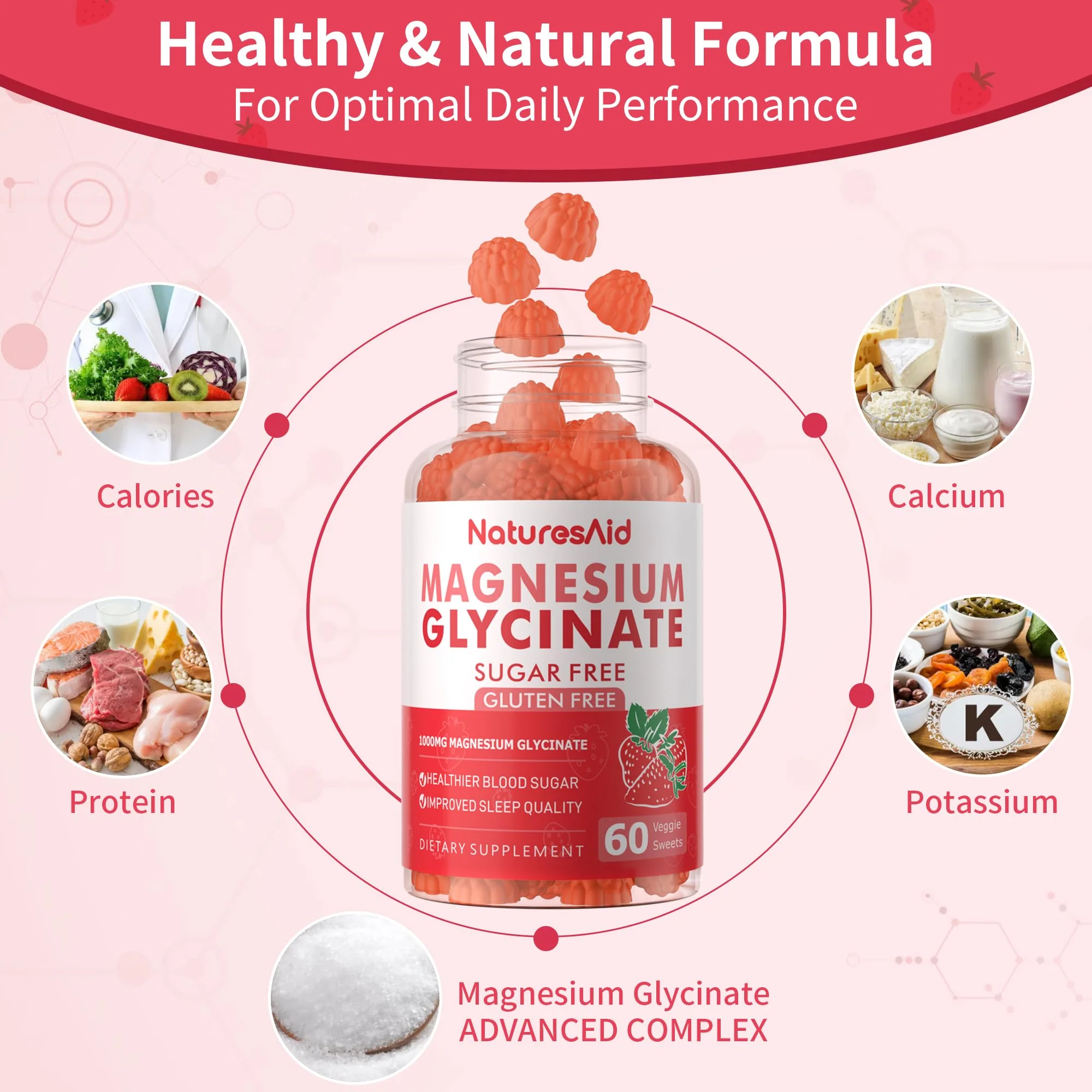 Magnesium Glycinate Gummies 1000mg - Sugar Free Calm Mood & Sleep Support (120 Strawberry Gummies) - 2 Pack - Image 2