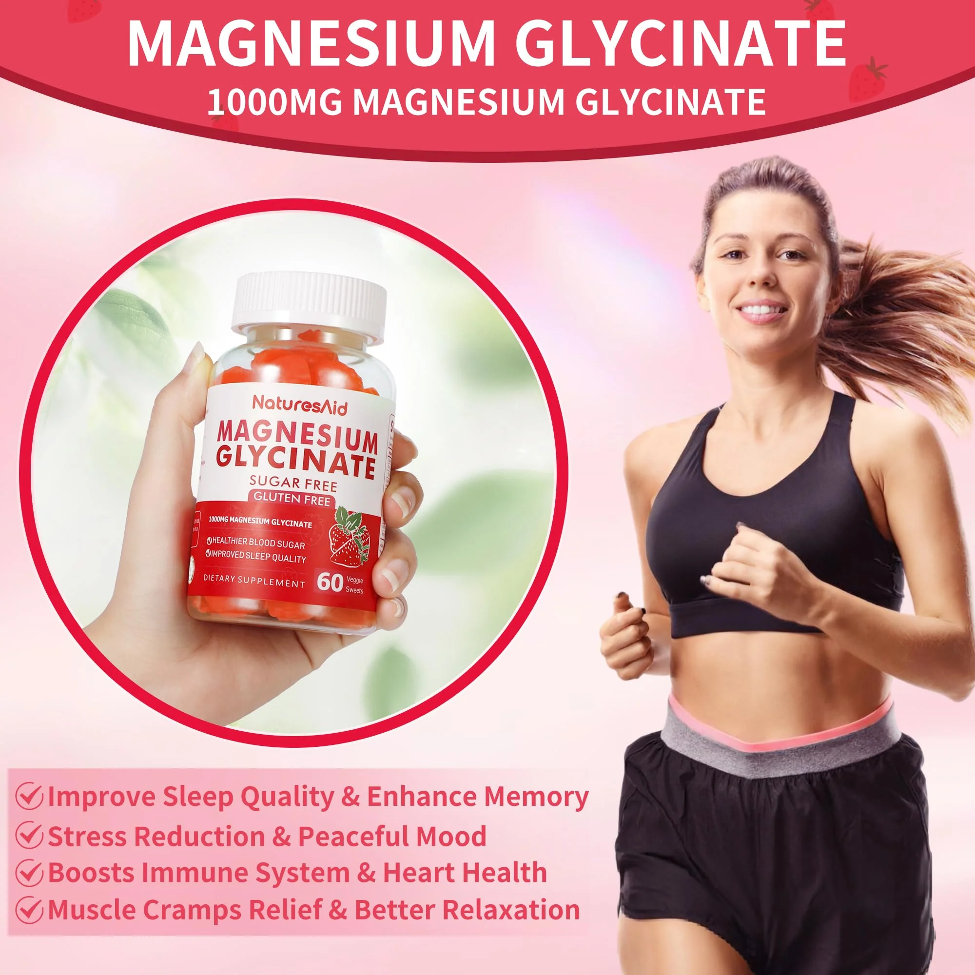 Magnesium Glycinate Gummies 1000mg - Sugar Free Calm Mood & Sleep Support (120 Strawberry Gummies) - 2 Pack - Image 7