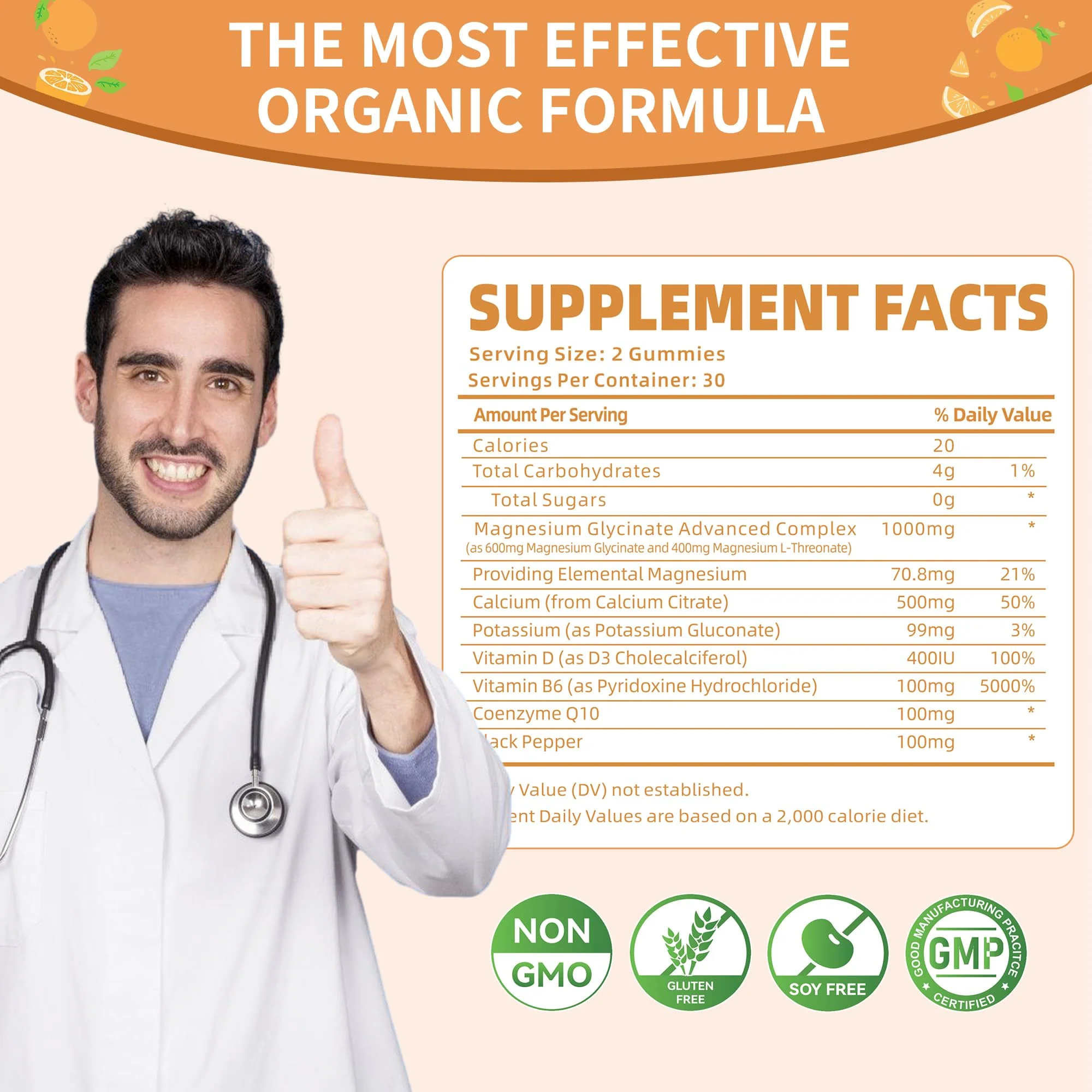 Magnesium Glycinate Gummies 1000mg - Sugar Free with Vitamin D/B6 & CoQ10 | 120 Orange Gummies (2 Pack) - Image 4