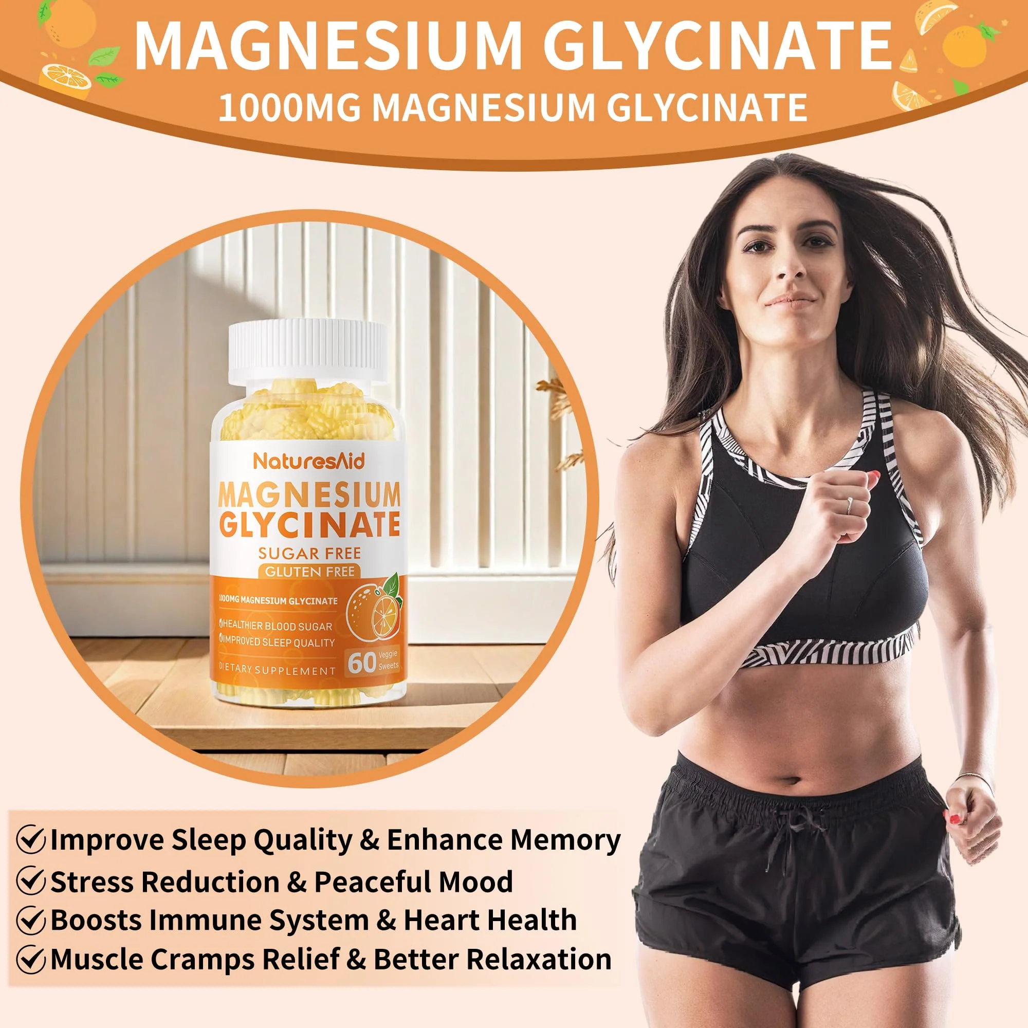 Magnesium Glycinate Gummies 1000mg - Sugar Free with Vitamin D/B6 & CoQ10 | 120 Orange Gummies (2 Pack) - Image 7