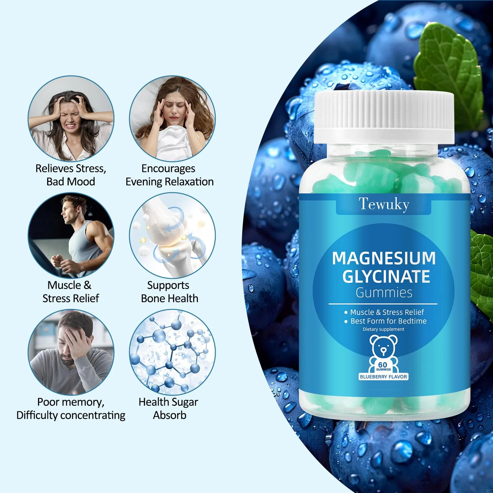Magnesium Glycinate Gummies – Sugar-Free, Vegan Blueberry (2 Bottles) for Sleep, Stress & Muscle Support - Image 2