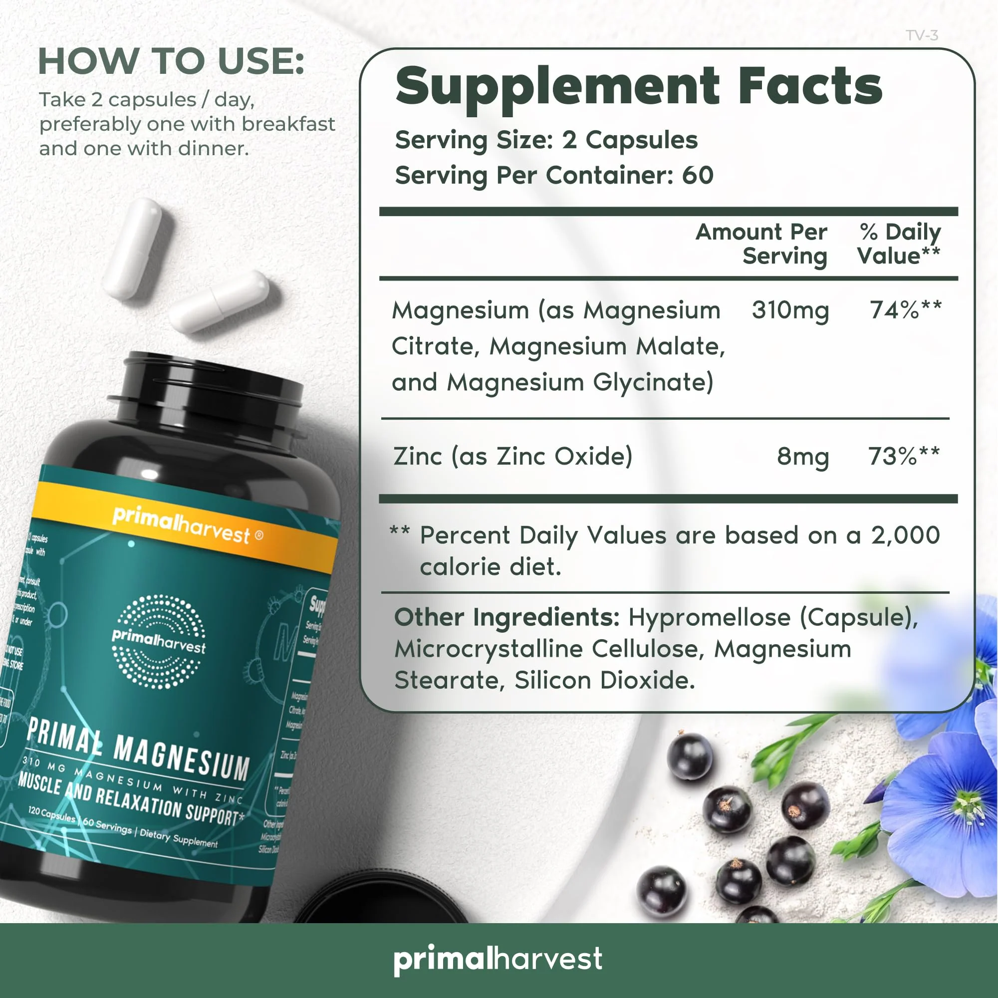 Magnesium Supplement Complex 310mg by Primal Harvest – Glycinate, Citrate, Malate & Zinc | 120 Capsules - Image 3