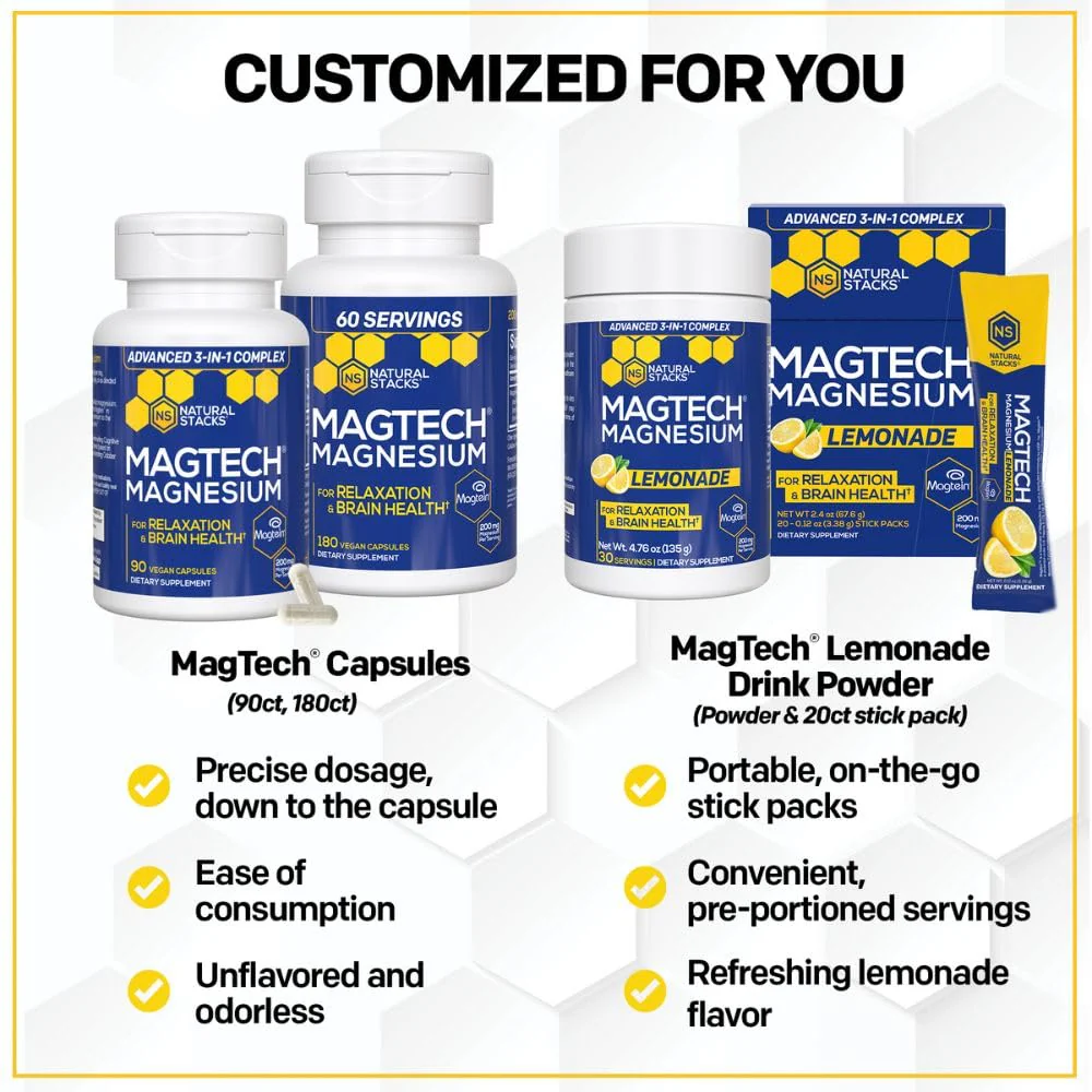 MagTech Magnesium Complex - 3-Form Magnesium (Magtein L-Threonate, Glycinate & Taurate) 200mg, 180 Capsules | NATURAL STACKS - Image 6