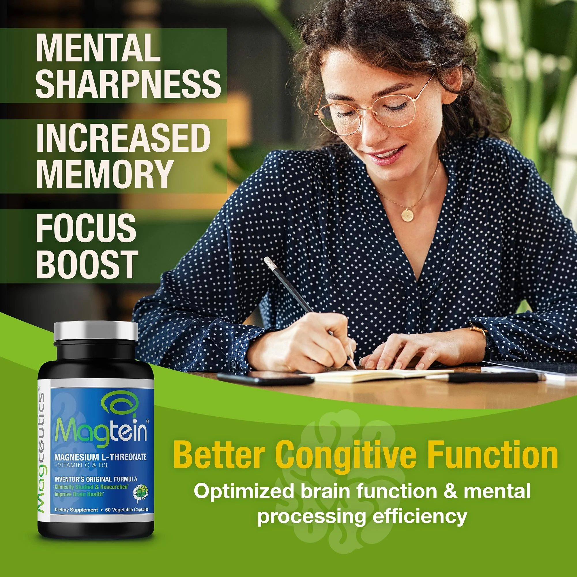 Magtein Magnesium L-Threonate Supplement – Memory, Focus & Sleep Support | 60 Veg Capsules - Image 2