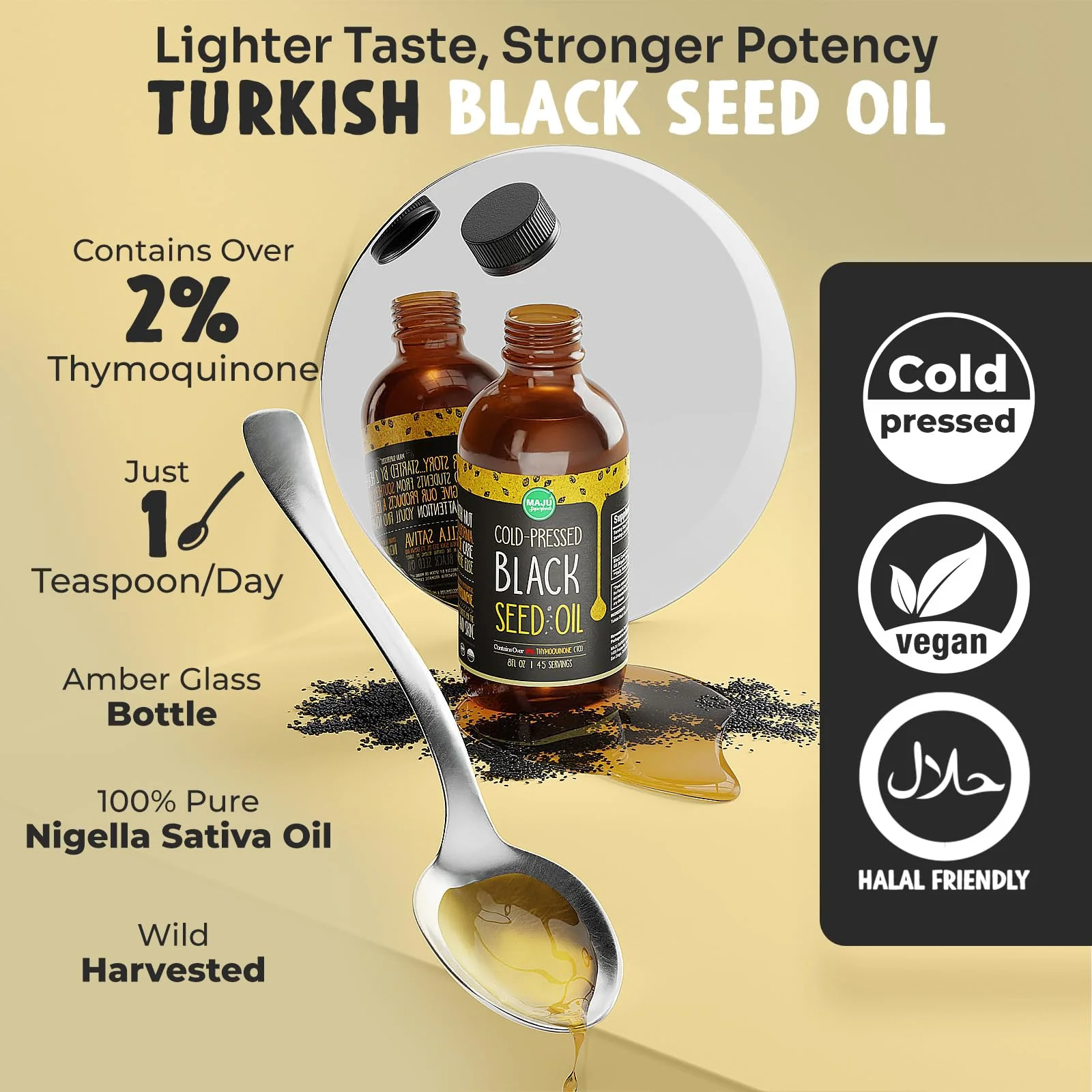 MAJU Black Seed Oil 8 oz – Cold-Pressed Turkish Black Cumin, 3x Thymoquinone, Liquid Pure Blackseed Oil - Image 3