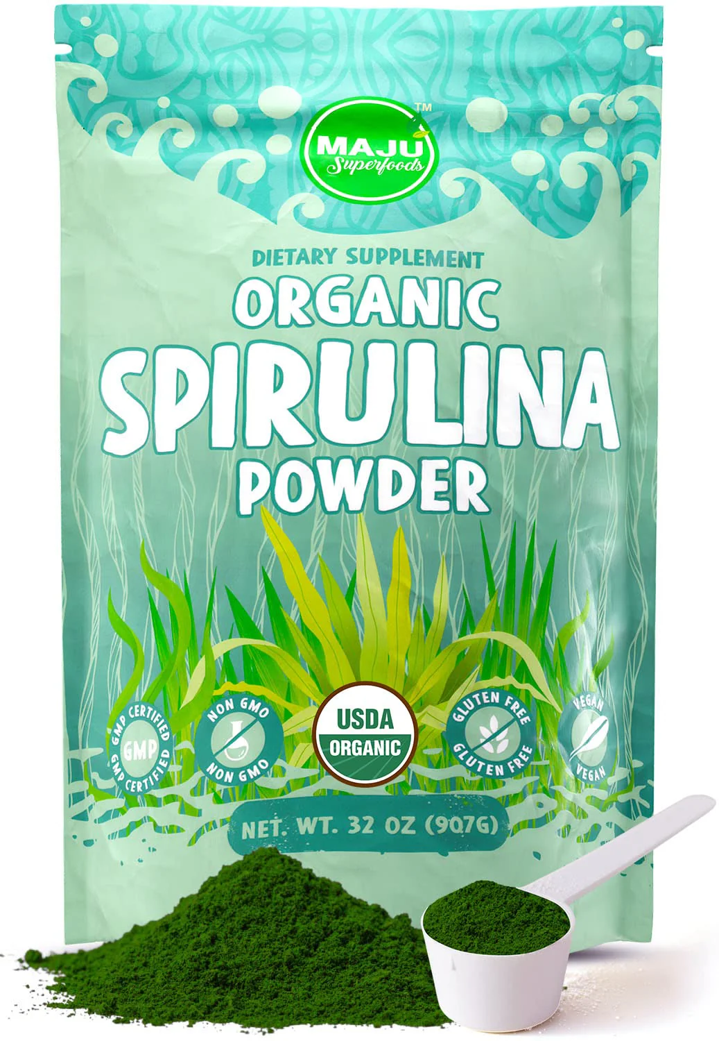 MAJU Organic Spirulina Powder (2 lb) – Jumbo Size, Non-GMO, Vegan, Gluten-Free