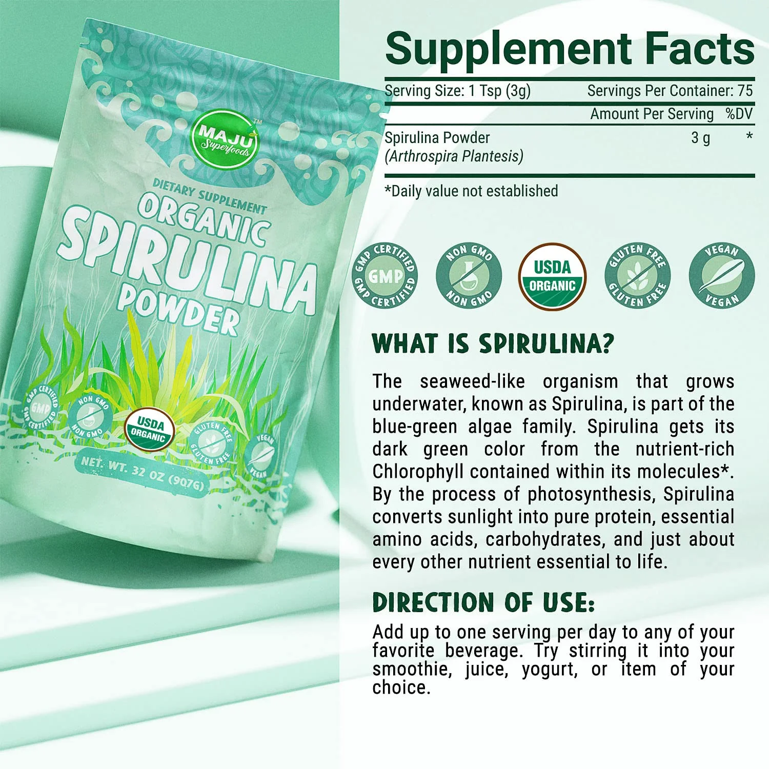 MAJU Organic Spirulina Powder (2 lb) – Jumbo Size, Non-GMO, Vegan, Gluten-Free - Image 5