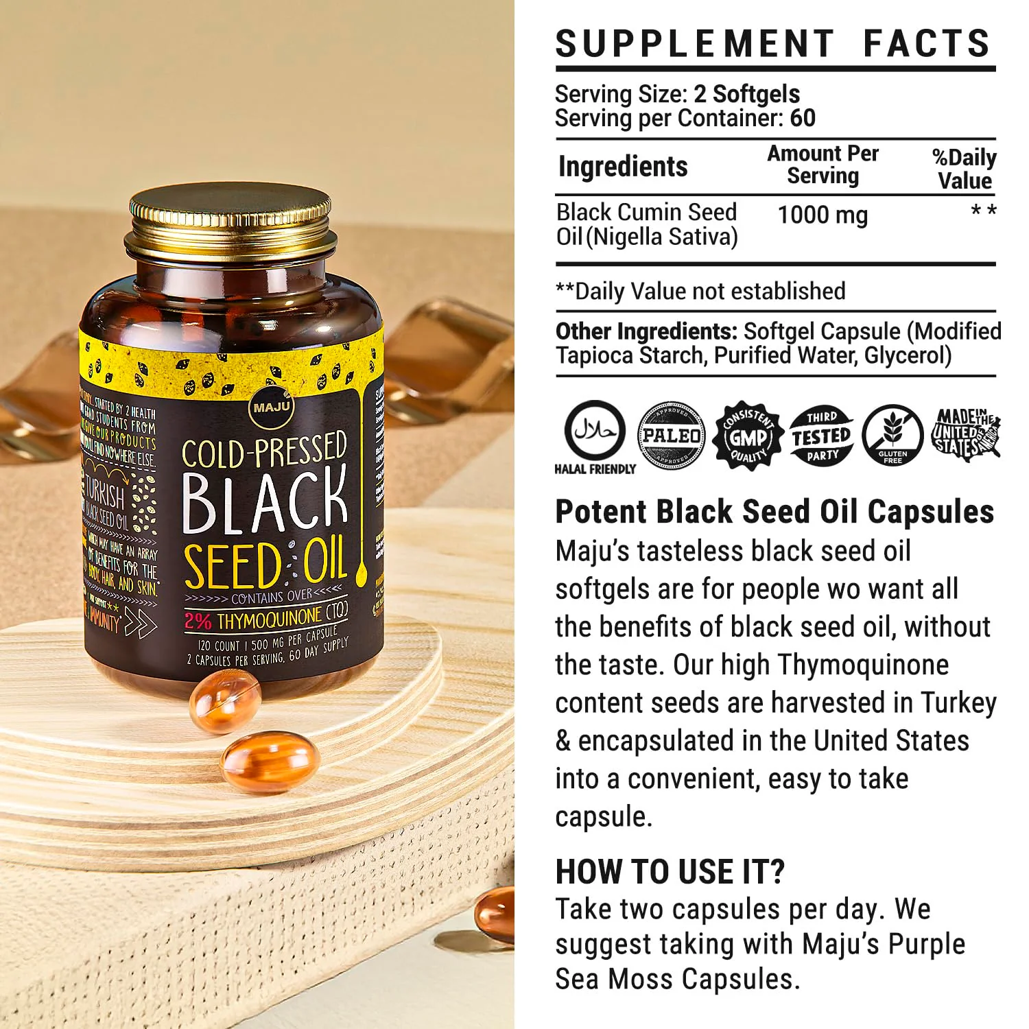Maju Superfoods Black Seed Oil Capsules – 120 Count, 500mg, Cold-Pressed Nigella Sativa, 2% Thymoquinone, Organic Turkish Black Cumin - Image 14