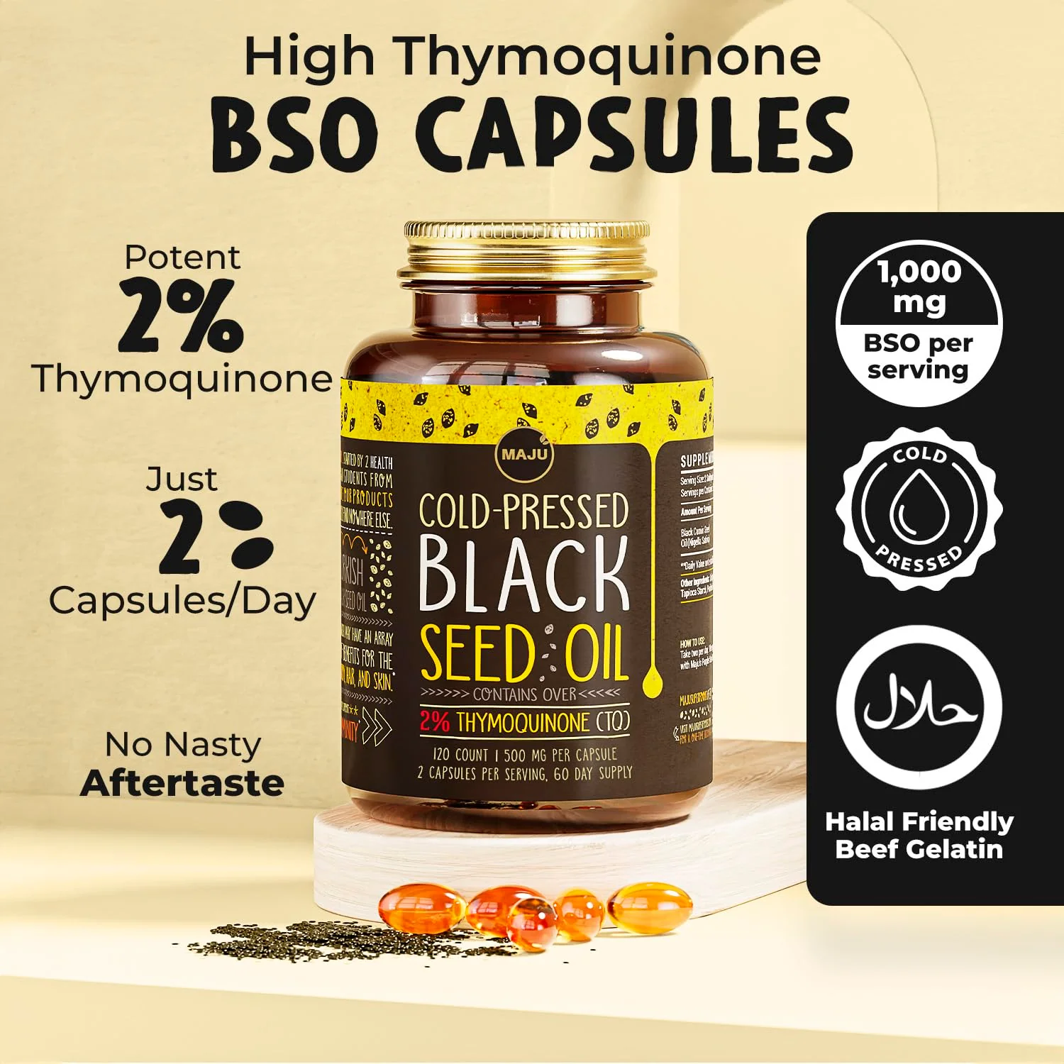 Maju Superfoods Black Seed Oil Capsules – 2% Thymoquinone, 120x500mg, Cold-Pressed Turkish Nigella Sativa (2-Pack) - Image 3