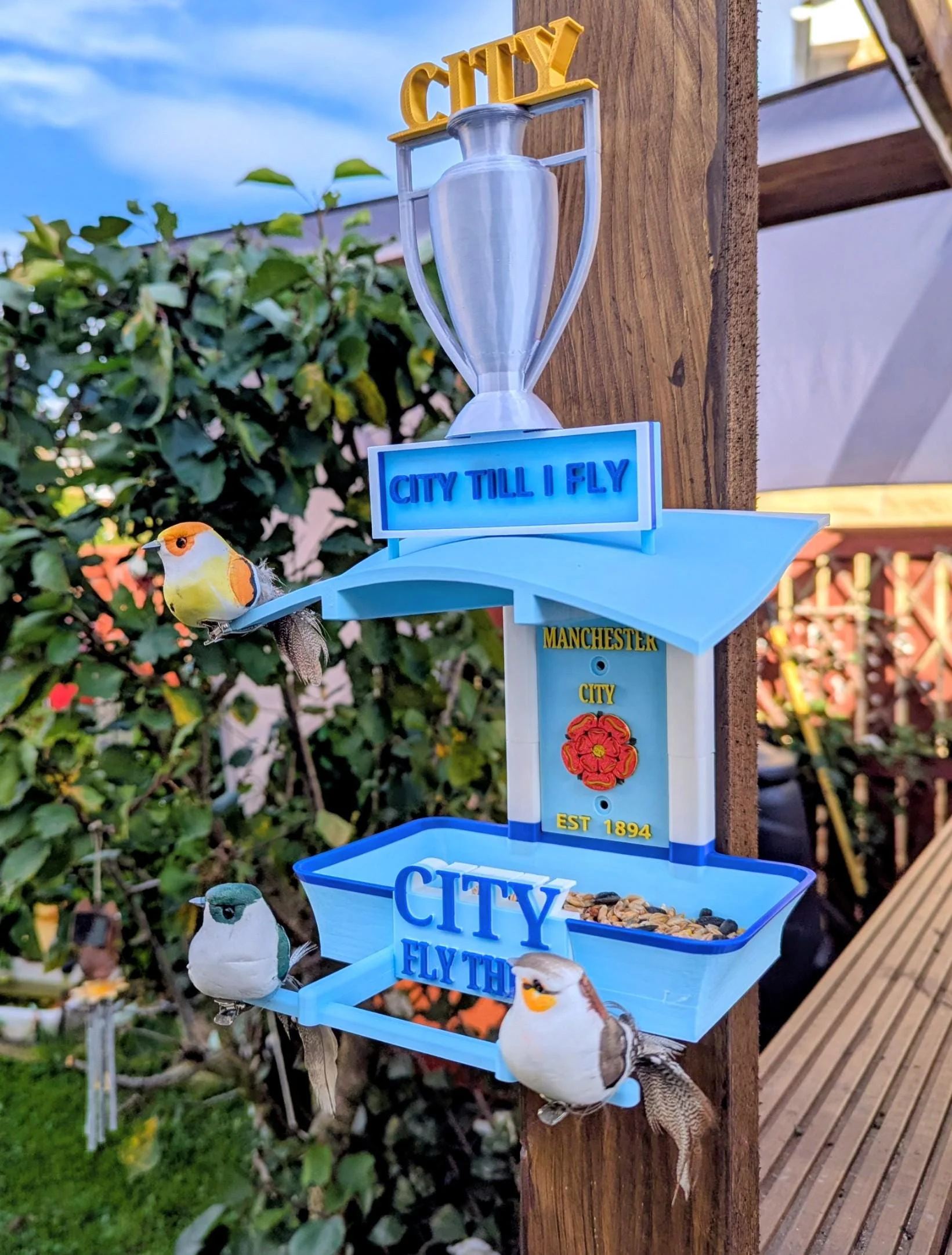Manchester City Bird Feeder : Football Fans Feeding Station -  Quirky Garden Decor - Wild Bird seed tray -  Gift for Soccer city Fan