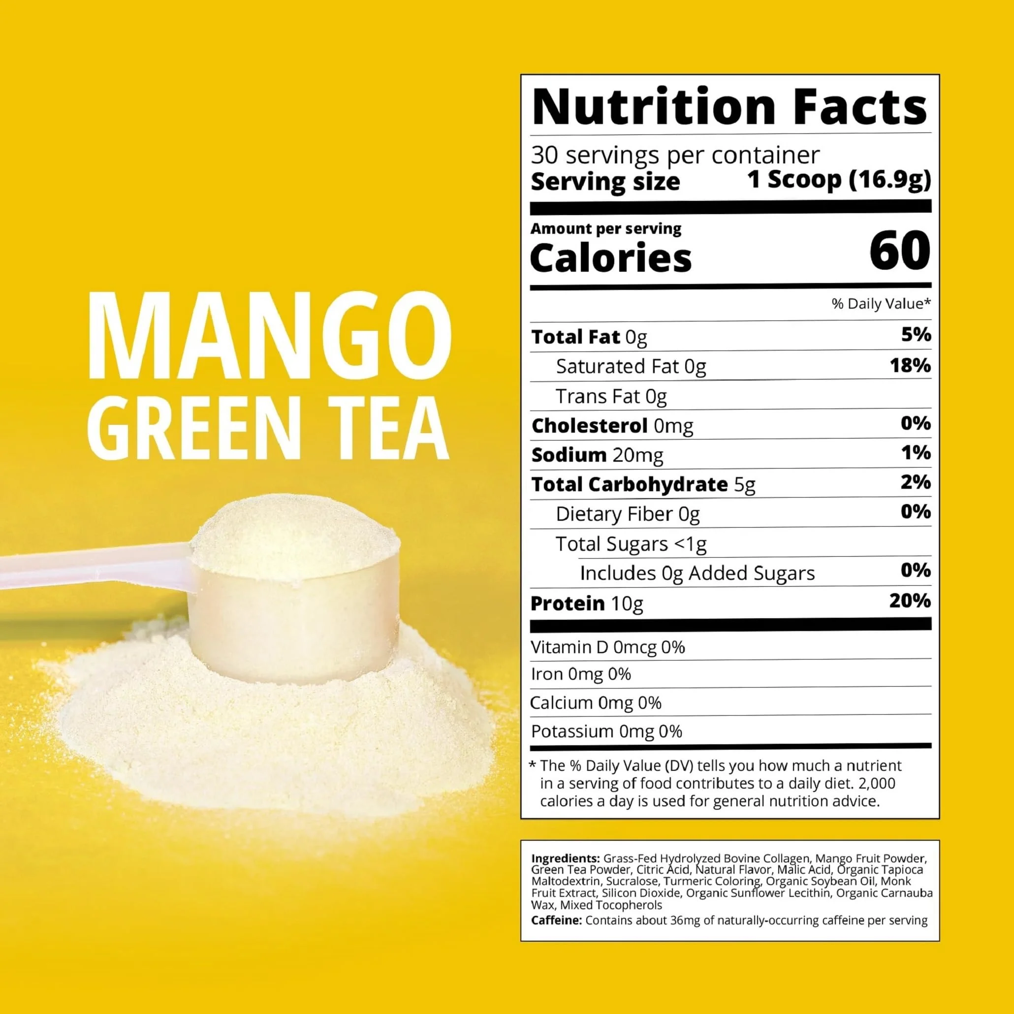Mango Green Tea Collagen Powder | 30 Servings | Grass-Fed Bovine, No Added Sugar - Image 3