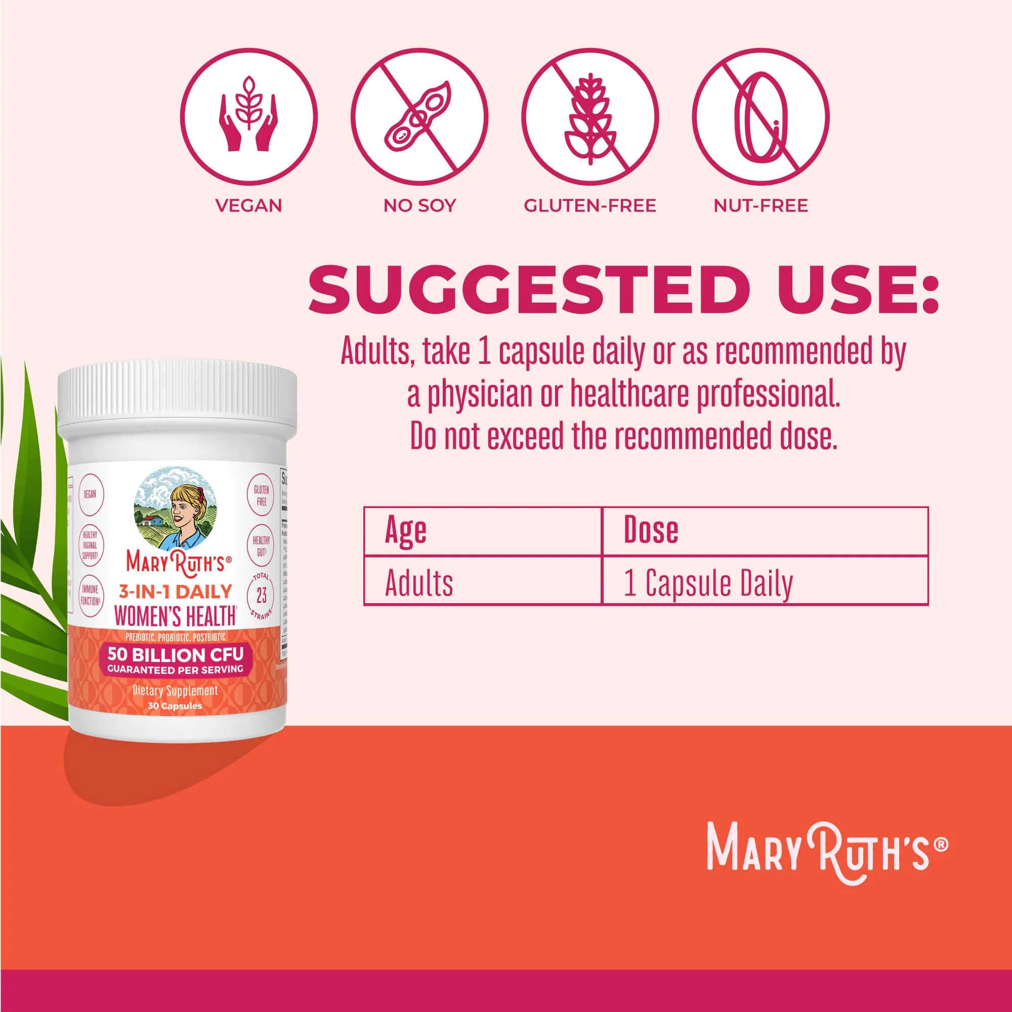 MaryRuth Organics 3-in-1 Daily Health Probiotics for Women | 50B CFU, 23 Strains, Vegan | 30 Count - Image 12