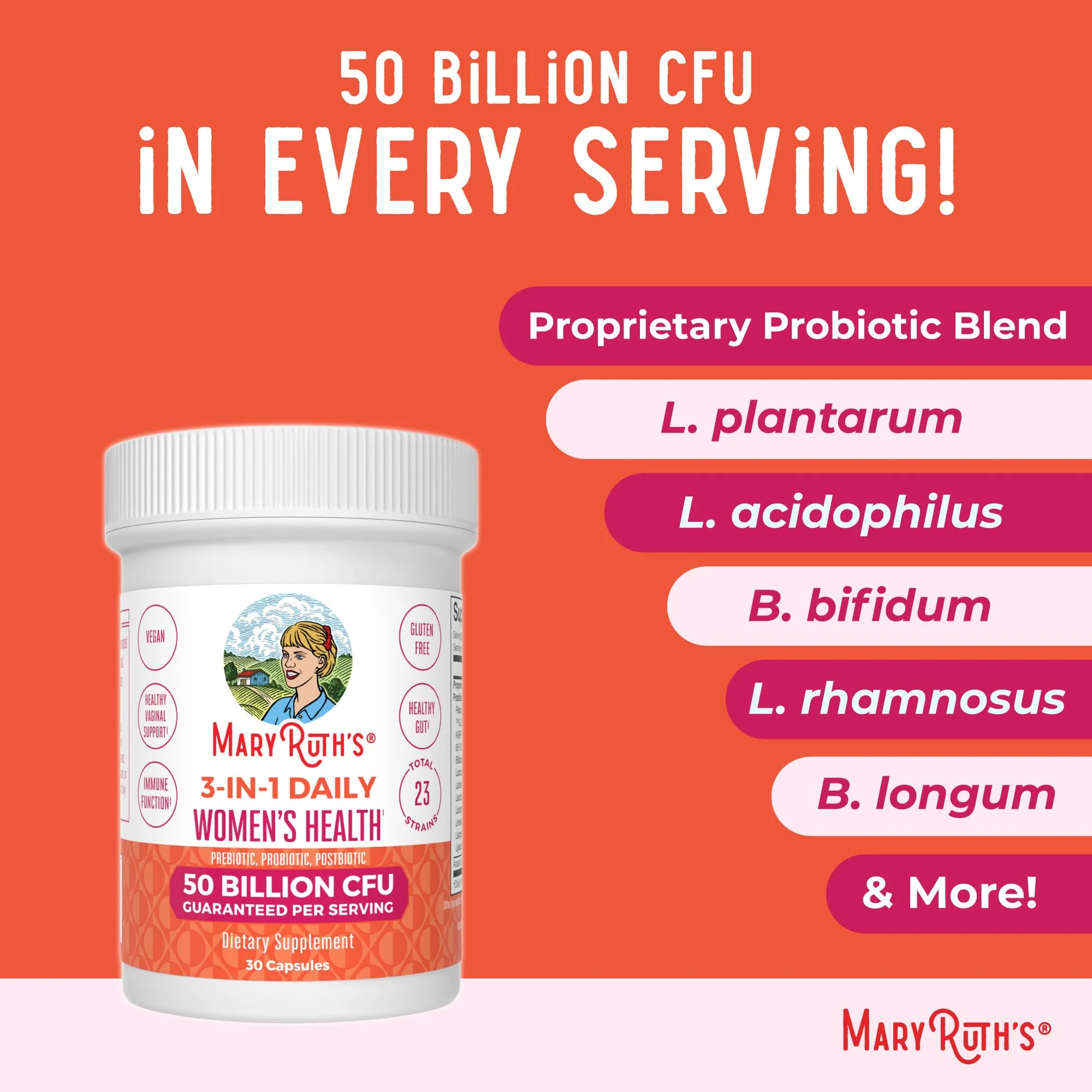 MaryRuth Organics 3-in-1 Daily Health Probiotics for Women | 50B CFU, 23 Strains, Vegan | 30 Count - Image 16