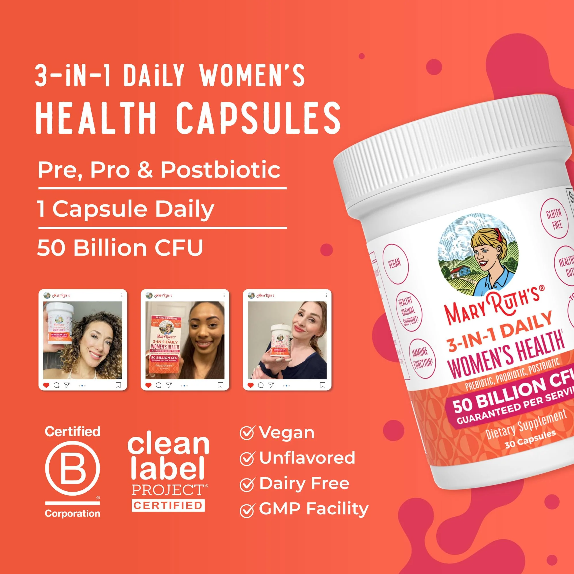 MaryRuth Organics 3-in-1 Daily Health Probiotics for Women | 50B CFU, 23 Strains, Vegan | 30 Count - Image 17