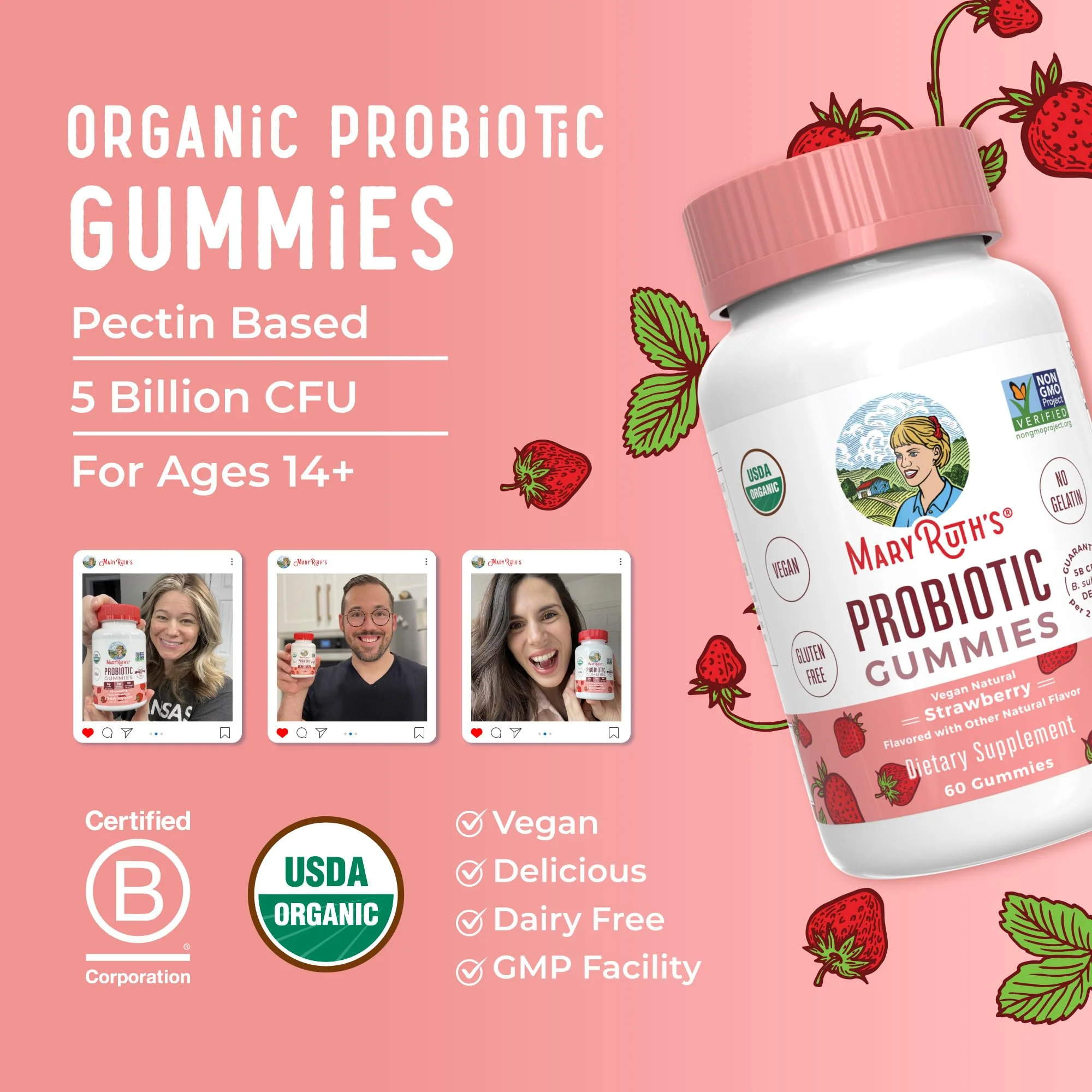 MaryRuth Organics USDA Organic Probiotic Gummies – 5 Billion CFU, 60 Count | Probiotics for Women & Men, Digestive Health & Gut Comfort - Image 8