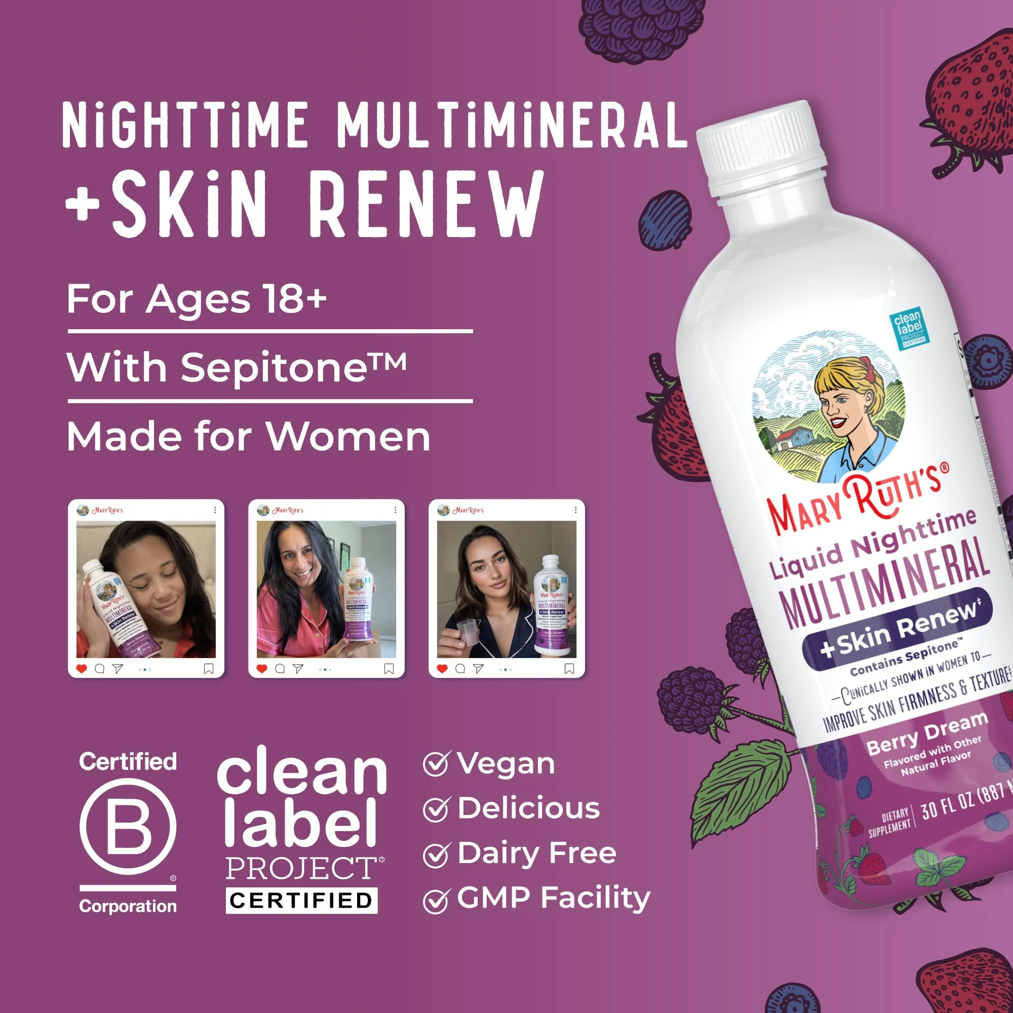 MaryRuth's Liquid Nighttime Multimineral + Skin Renew | Melatonin-Free, Sepitone Support | Vegan, 30 Servings - Image 8