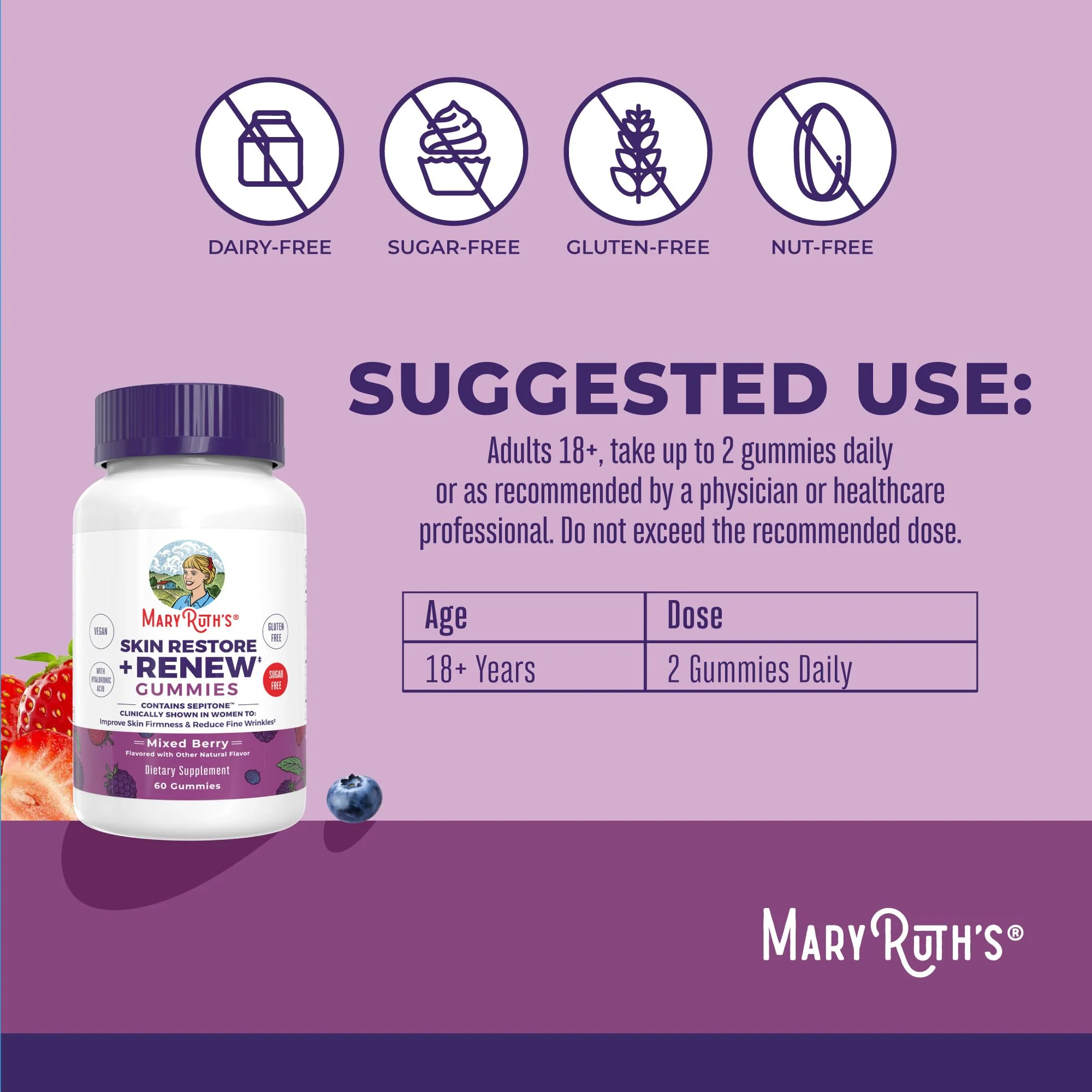 MaryRuth's Skin Restore + Renew Gummies with Hyaluronic Acid – Hydration, Elasticity & Skin Support | Vegan, Non-GMO | 60 Gummies - Image 12