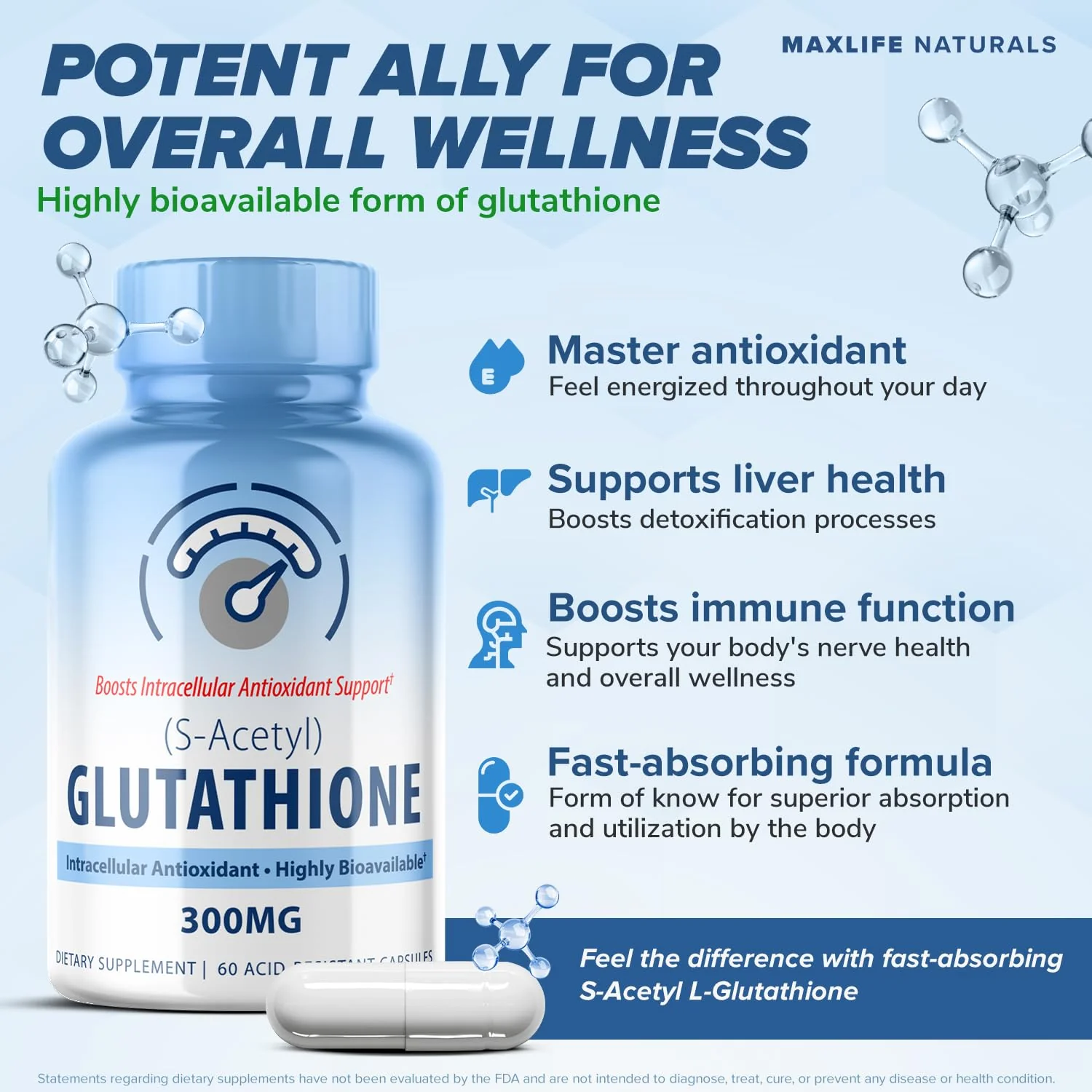 MAXLIFE NATURALS S-Acetyl L-Glutathione 300mg – 60 Acid-Resistant Capsules, High Bioavailability - Image 9