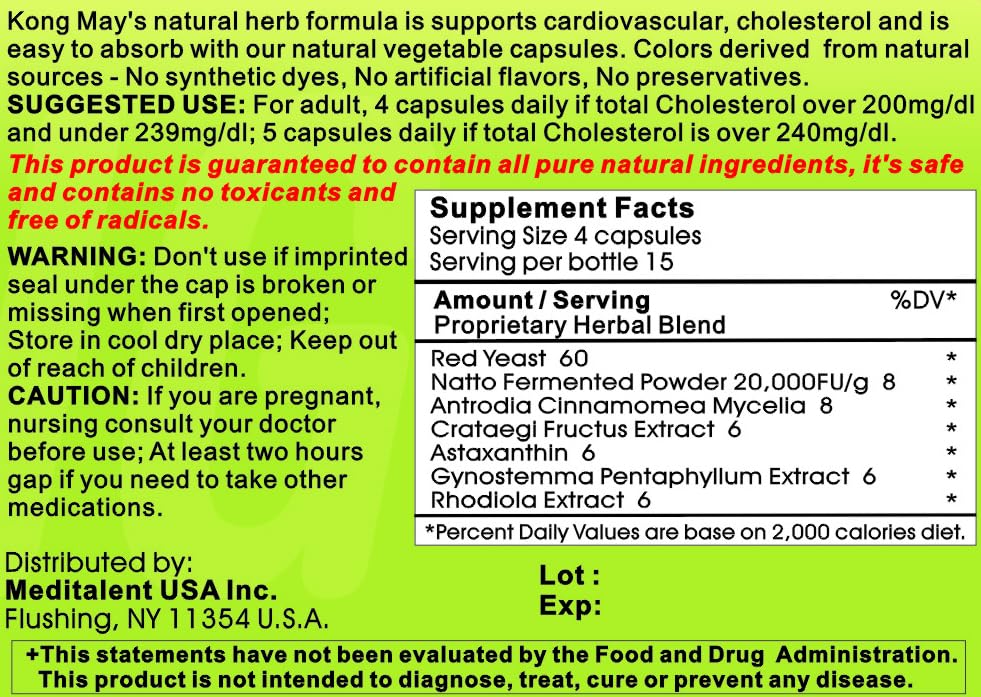 Meditalent Kong May Herbal Supplement — Red Yeast Rice, Natto Fermented Powder & Antrodia Mushrooms, 60 Capsules - Image 4