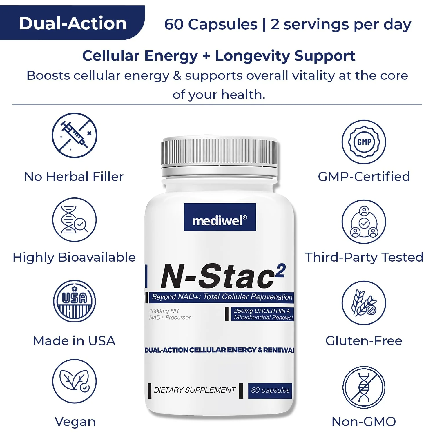 MEDIWEL N-Stac2 NAD+ Supplement – 1000mg NR + Urolithin A, 60 Capsules - Image 8